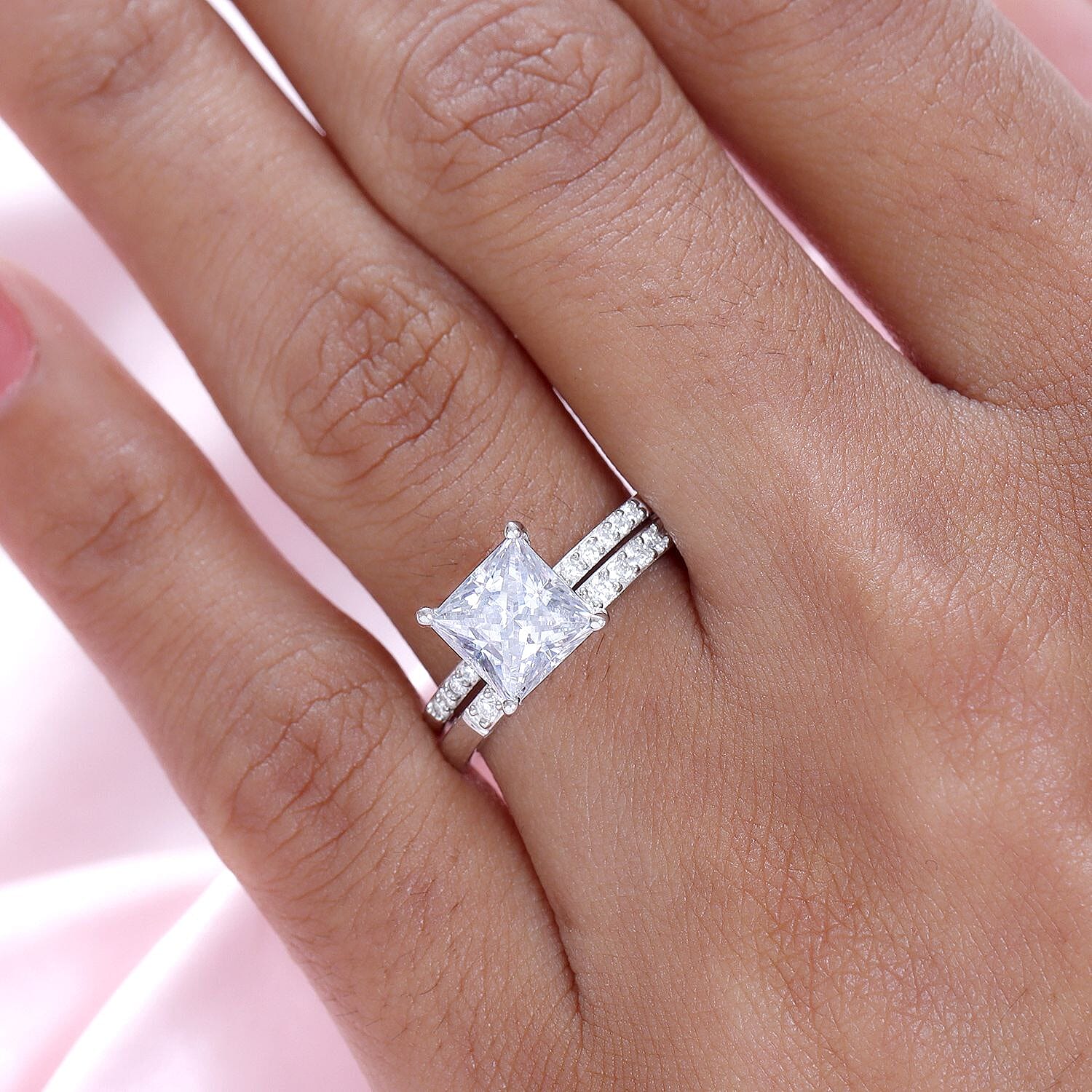 Set of 2 -  Moissanite Stackable Ring in Platinum Overlay Sterling Silver