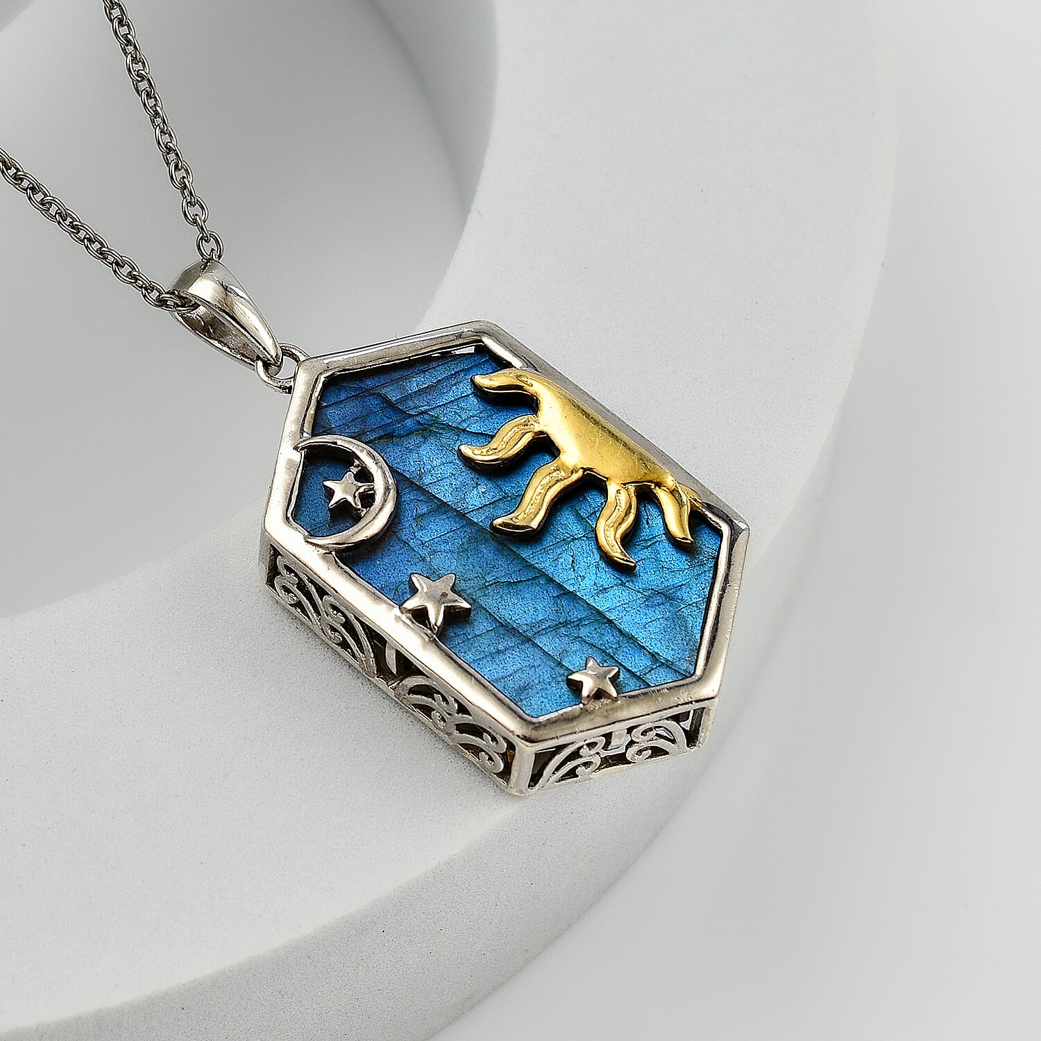   2 Piece Set - Labradorite Rope Chain and Fancy Pendant in Two Tone Plated Sterling Silver 18.86 Ct.