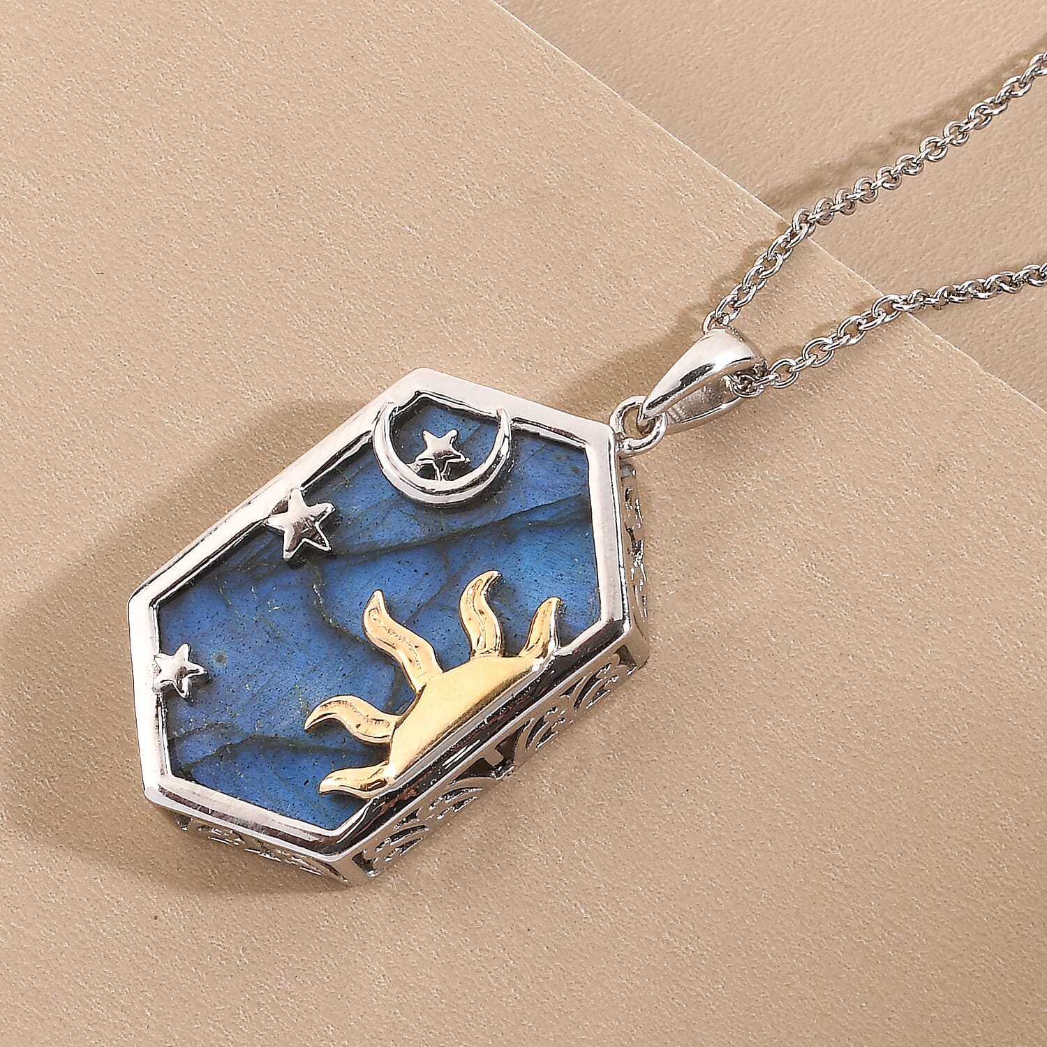   2 Piece Set - Labradorite Rope Chain and Fancy Pendant in Two Tone Plated Sterling Silver 18.86 Ct.