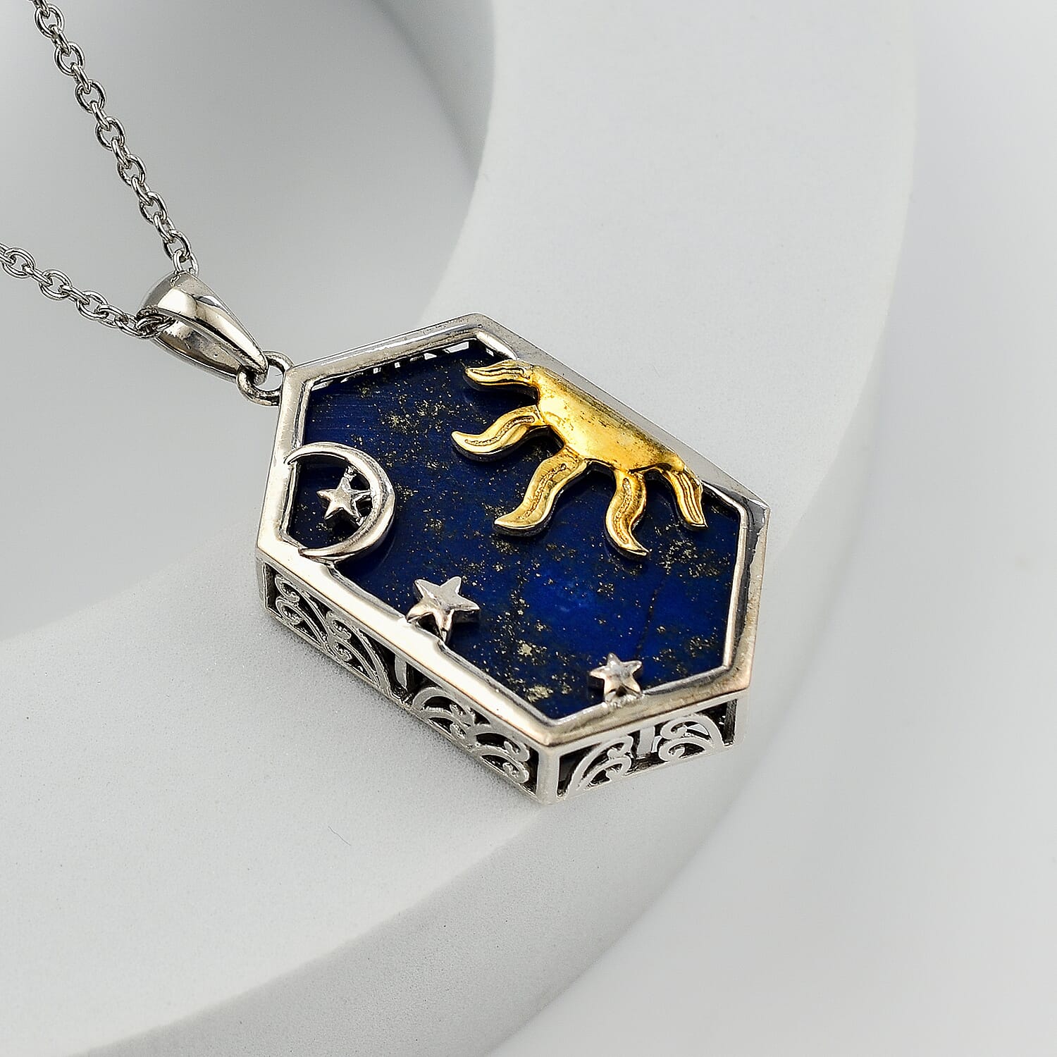 2 Piece Set -  Lapis Lazuli Rope Chain and Fancy Pendant in Two Tone Sterling Silver 23.58 Ct.