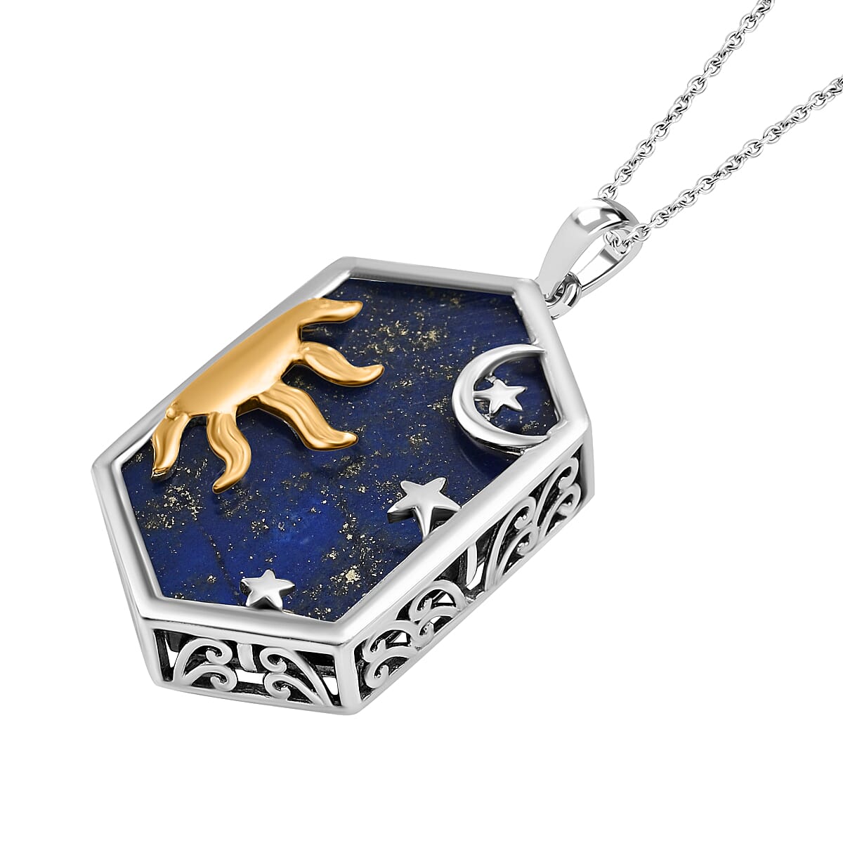 2 Piece Set -  Lapis Lazuli Rope Chain and Fancy Pendant in Two Tone Sterling Silver 23.58 Ct.