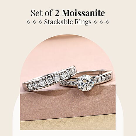 Set of 2 - Moissanite Stackable Ring in Platinum Overlay Sterling Silver 1.53 Ct.