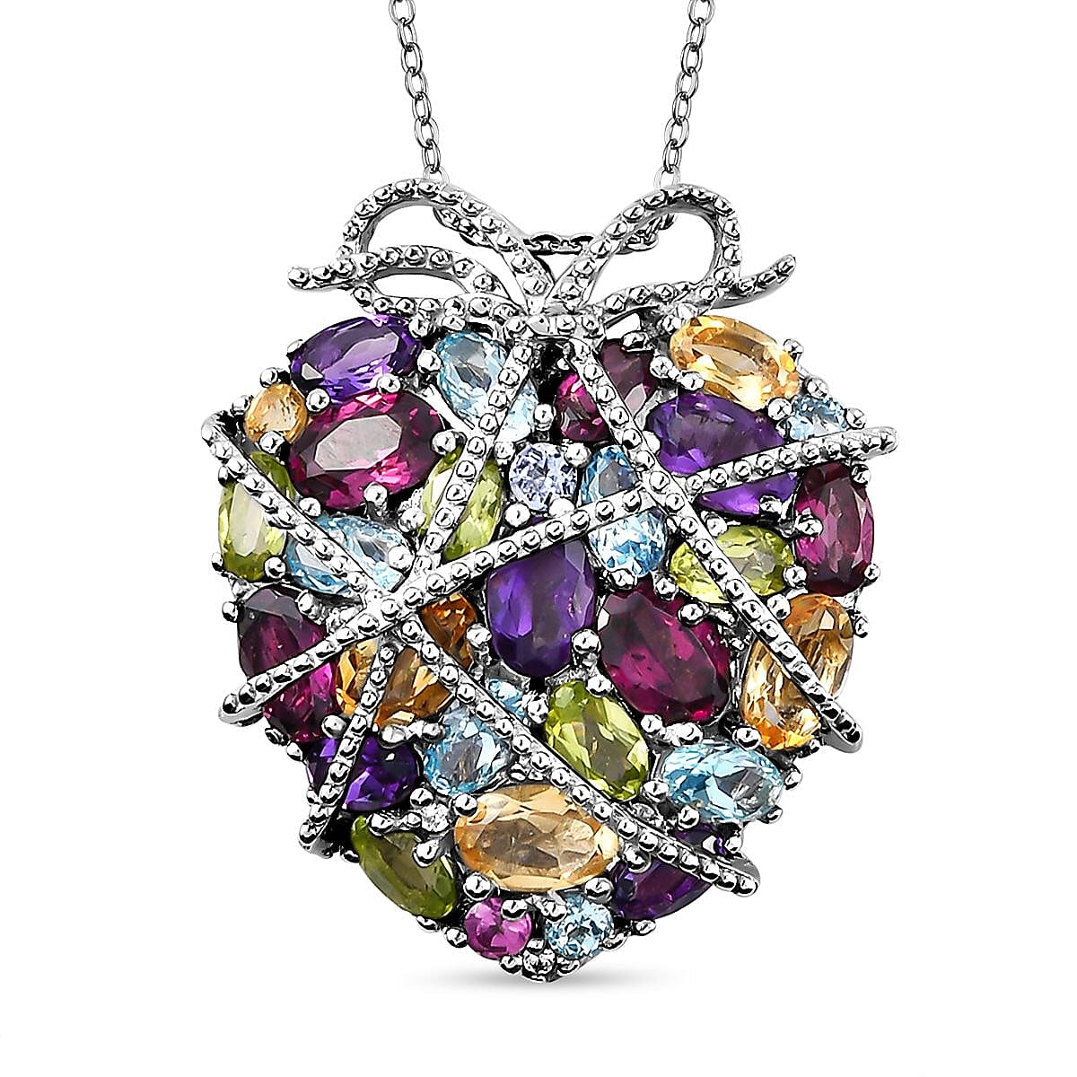 GP Heart Collection - Amethyst and Multi Gemstones Pendant with Chain (Size 18 With 2 Inch Extender) in Platinum Sterling Silver 8.06 Ct, Silver Wt. 9.51 Gms