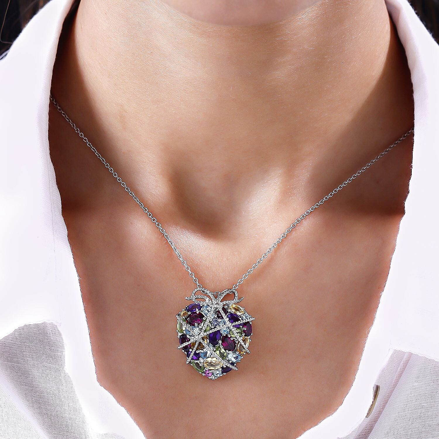 GP Heart Collection - Amethyst and Multi Gemstones Pendant with Chain (Size 18 With 2 Inch Extender) in Platinum Sterling Silver 8.06 Ct, Silver Wt. 9.51 Gms