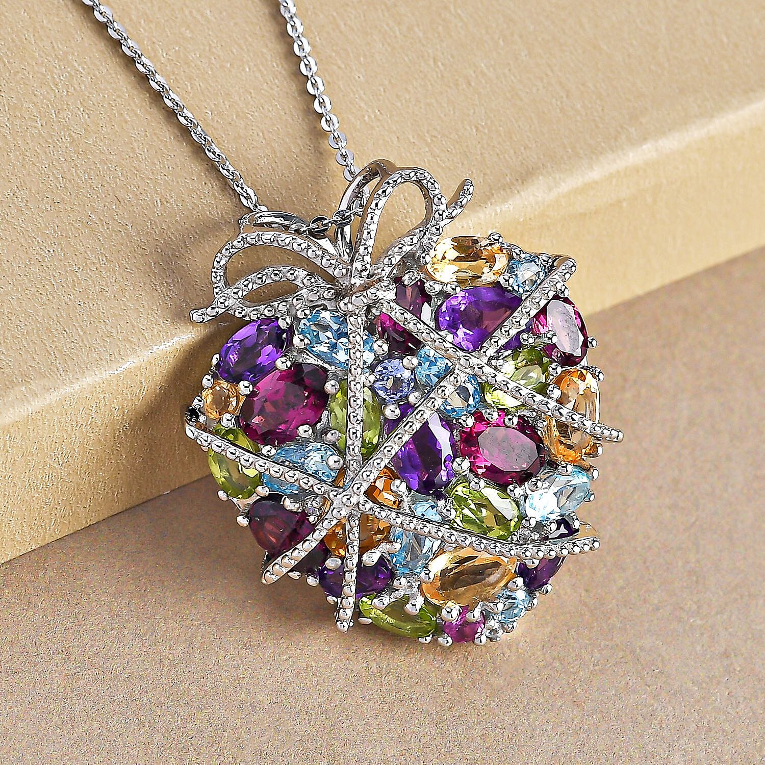 GP Heart Collection - Amethyst and Multi Gemstones Pendant with Chain (Size 18 With 2 Inch Extender) in Platinum Sterling Silver 8.06 Ct, Silver Wt. 9.51 Gms