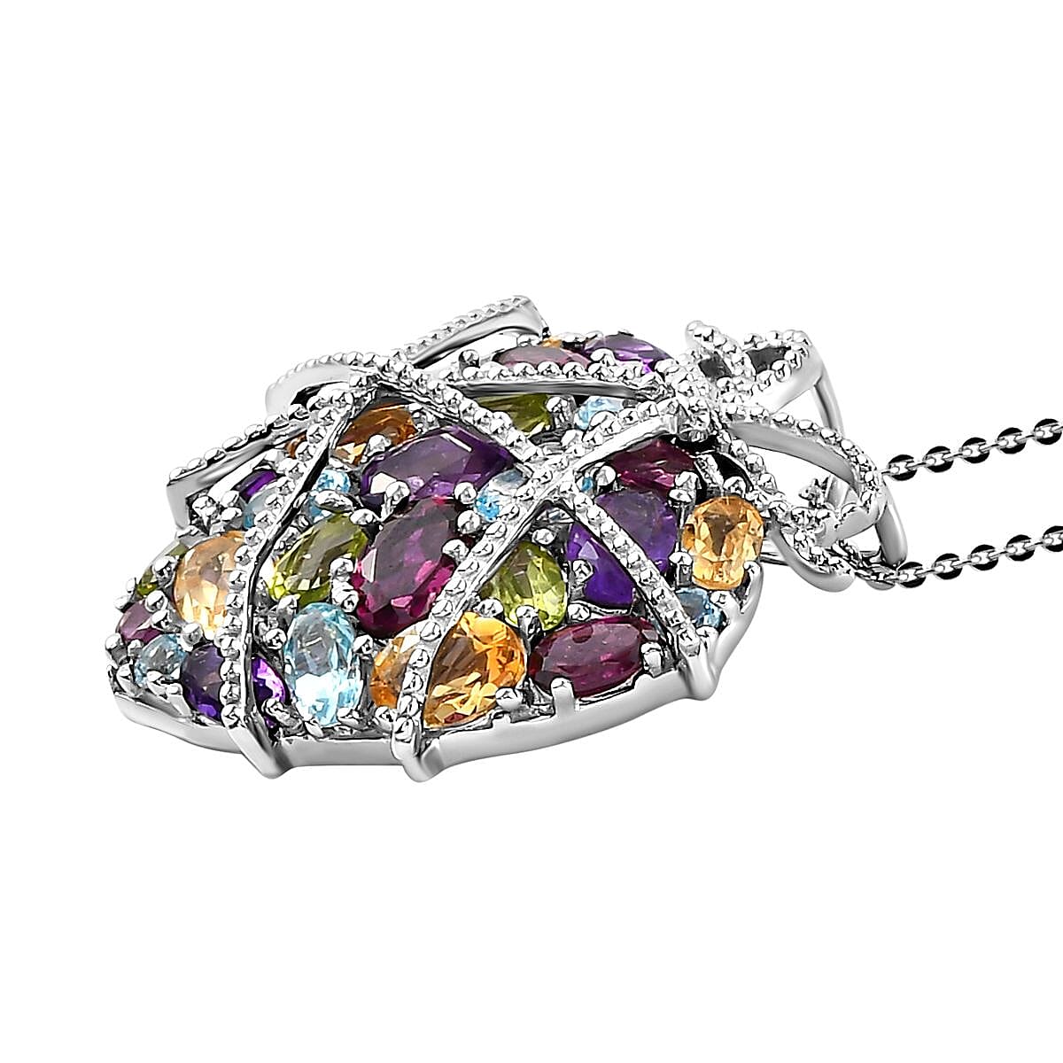 GP Heart Collection - Amethyst and Multi Gemstones Pendant with Chain (Size 18 With 2 Inch Extender) in Platinum Sterling Silver 8.06 Ct, Silver Wt. 9.51 Gms
