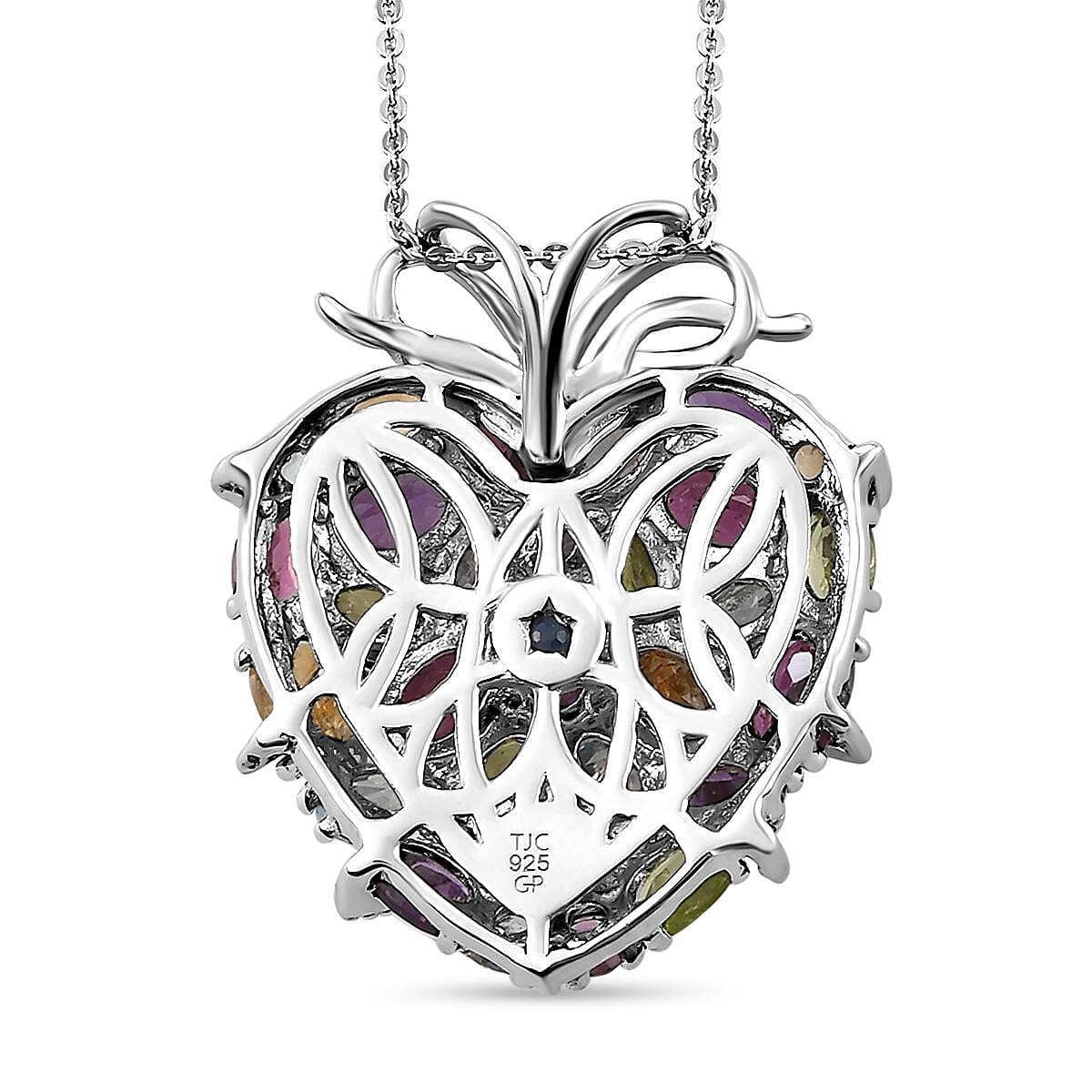 GP Heart Collection - Amethyst and Multi Gemstones Pendant with Chain (Size 18 With 2 Inch Extender) in Platinum Sterling Silver 8.06 Ct, Silver Wt. 9.51 Gms
