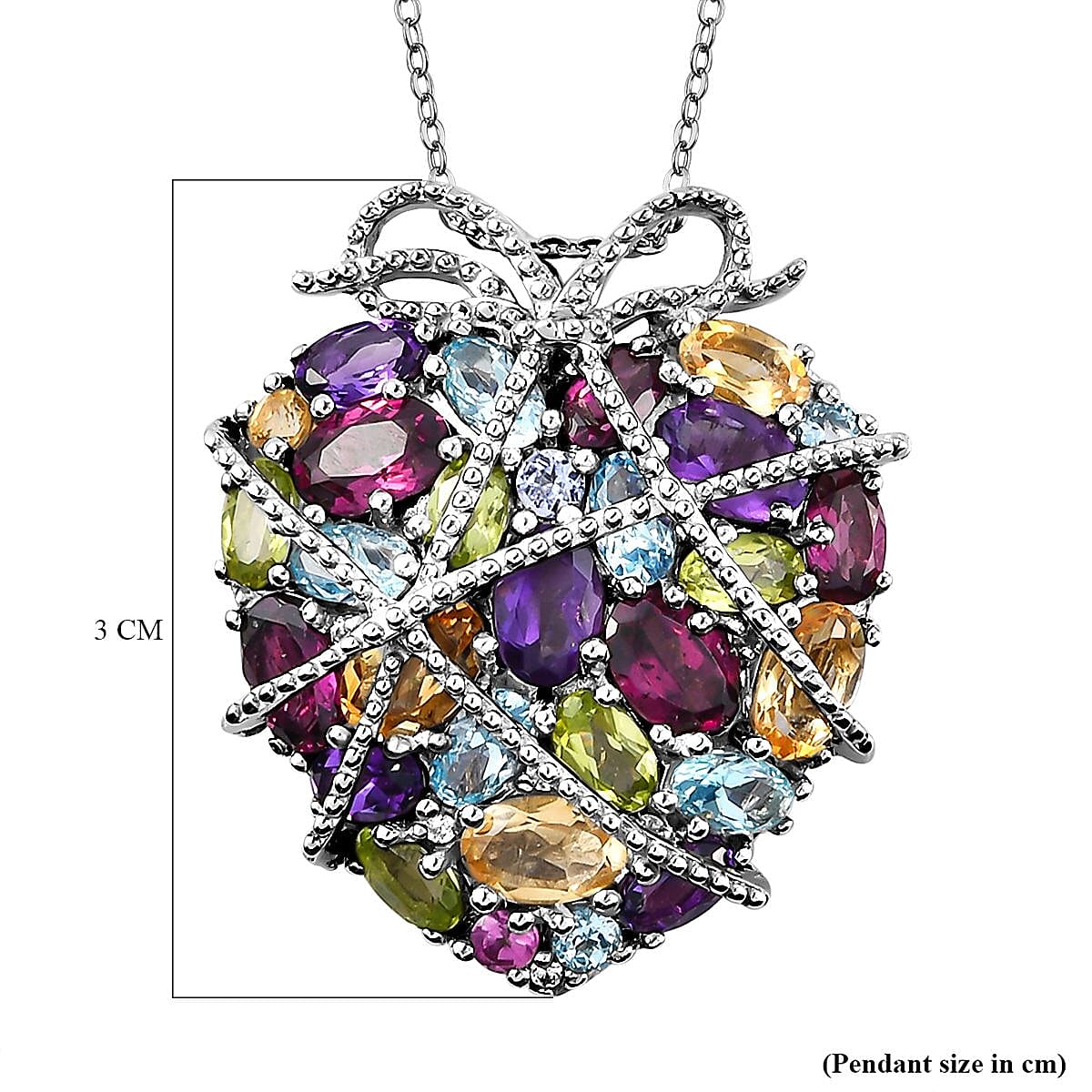 GP Heart Collection - Amethyst and Multi Gemstones Pendant with Chain (Size 18 With 2 Inch Extender) in Platinum Sterling Silver 8.06 Ct, Silver Wt. 9.51 Gms