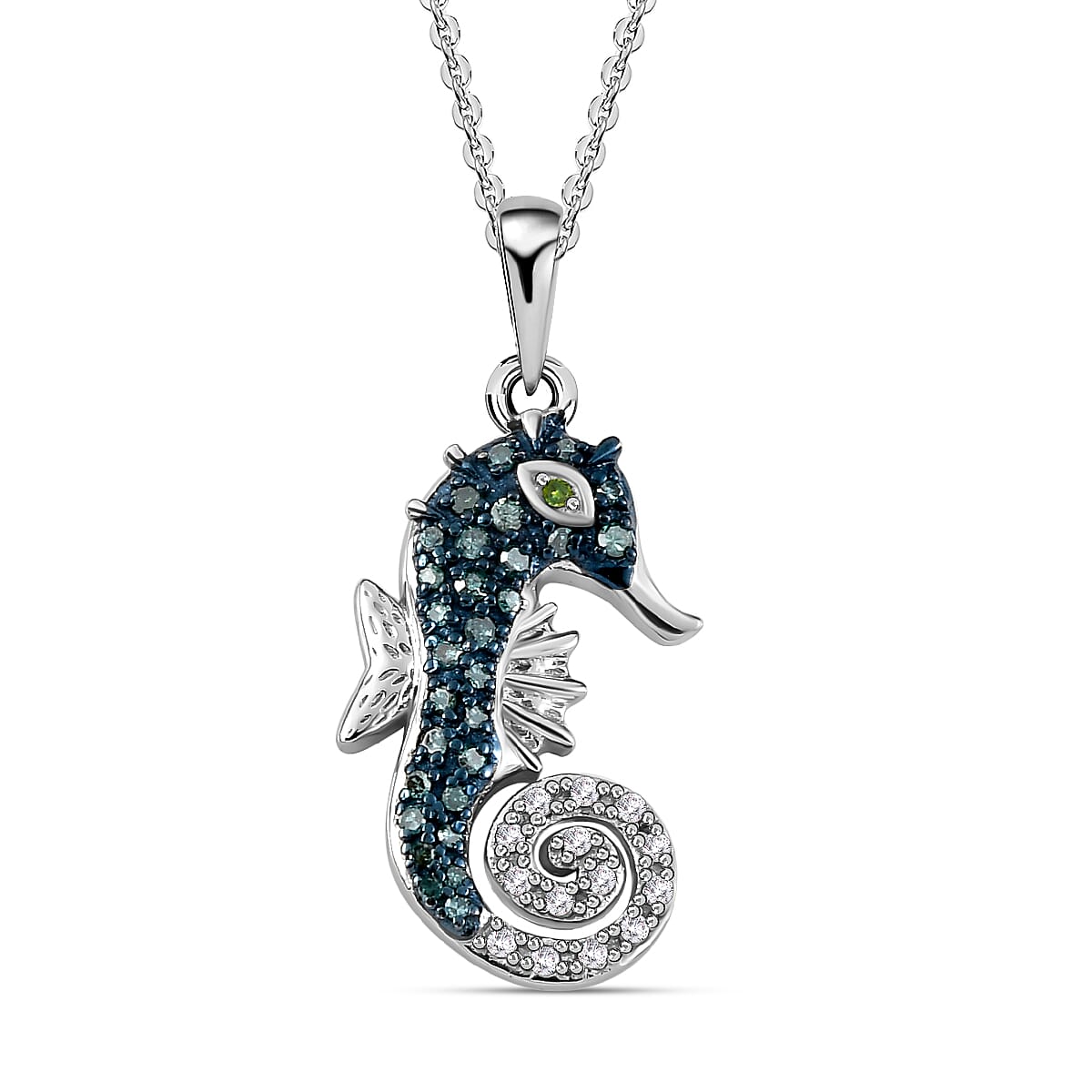 GP Blue Diamond, Green Diamond, White Diamond Diamond Pendant with Chain (Size 20) in Platinum Overlay Sterling Silver 0.28 ct