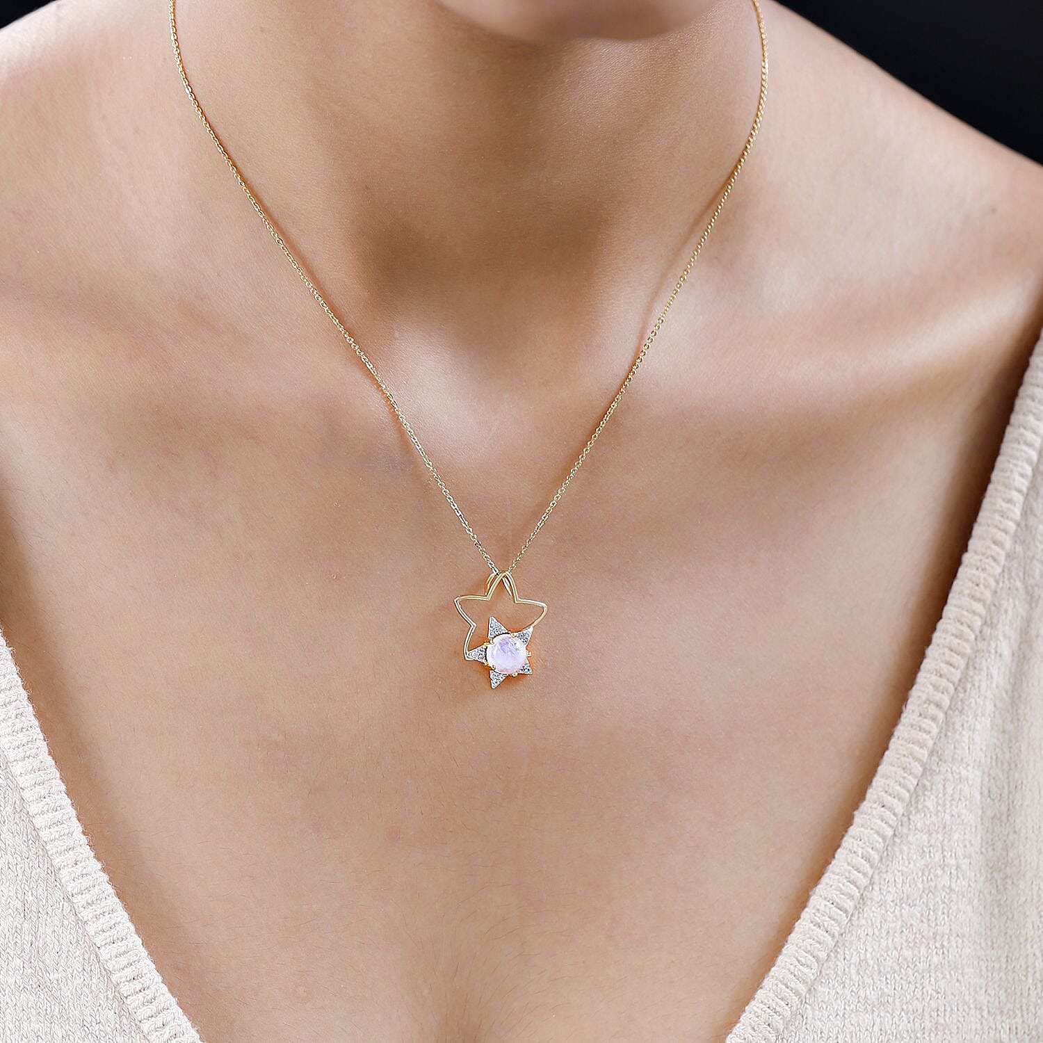 Rainbow Moonstone and Natural Zircon Star Pendant with Chain (Size 20) in 18K Yellow Gold Vermeil Plated Sterling Silver 1.91 Ct.