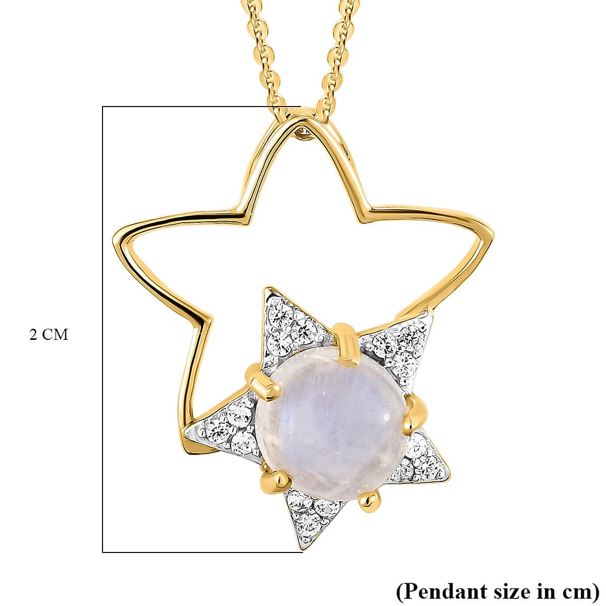 Rainbow Moonstone and Natural Zircon Star Pendant with Chain (Size 20) in 18K Yellow Gold Vermeil Plated Sterling Silver 1.91 Ct.