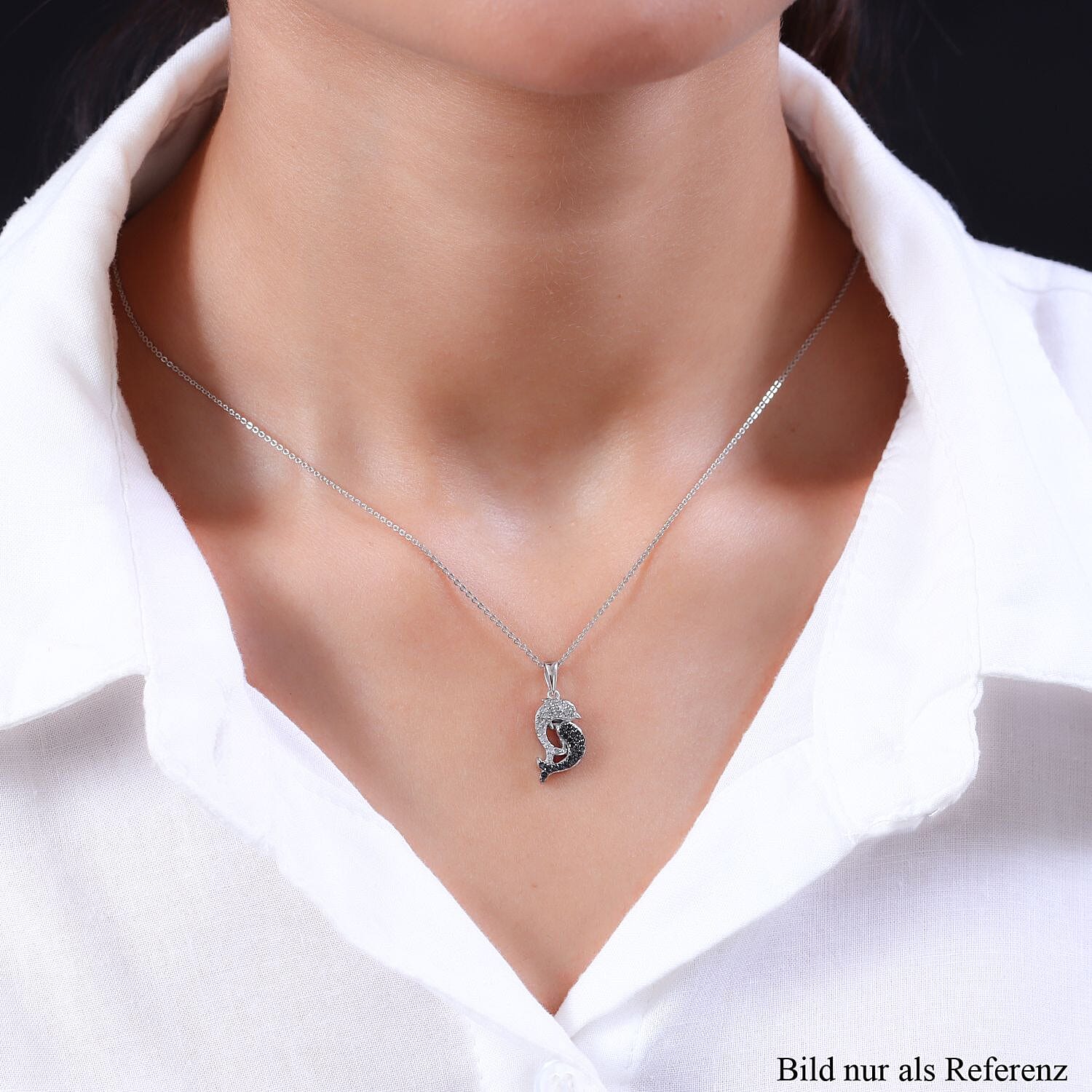 GP White Diamond and Black Diamond Dolphin Pendant with Chain (Size 20) in Platinum Overlay Sterling Silver 0.28 Ct.