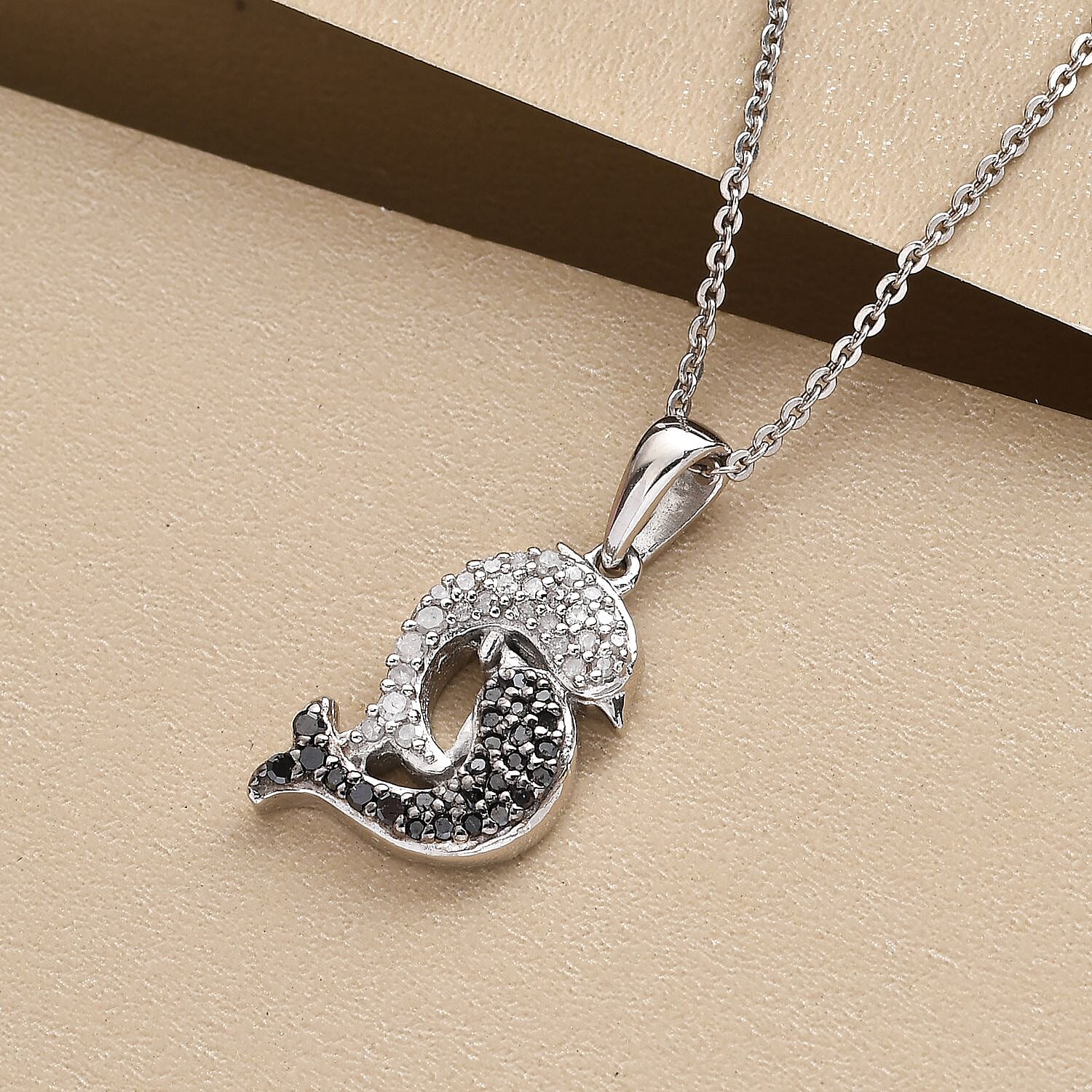 GP White Diamond and Black Diamond Dolphin Pendant with Chain (Size 20) in Platinum Overlay Sterling Silver 0.28 Ct.