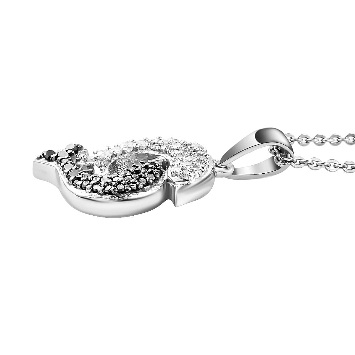 GP White Diamond and Black Diamond Dolphin Pendant with Chain (Size 20) in Platinum Overlay Sterling Silver 0.28 Ct.