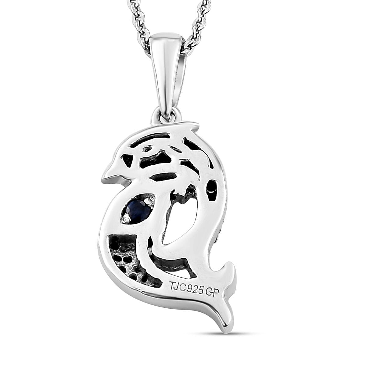 GP White Diamond and Black Diamond Dolphin Pendant with Chain (Size 20) in Platinum Overlay Sterling Silver 0.28 Ct.