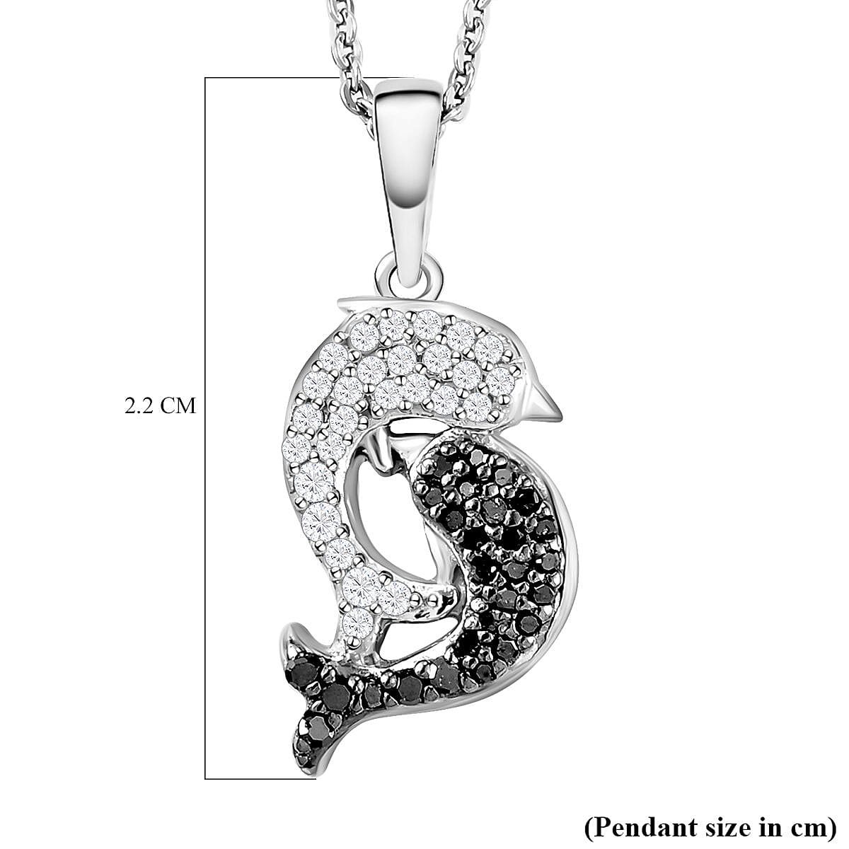GP White Diamond and Black Diamond Dolphin Pendant with Chain (Size 20) in Platinum Overlay Sterling Silver 0.28 Ct.
