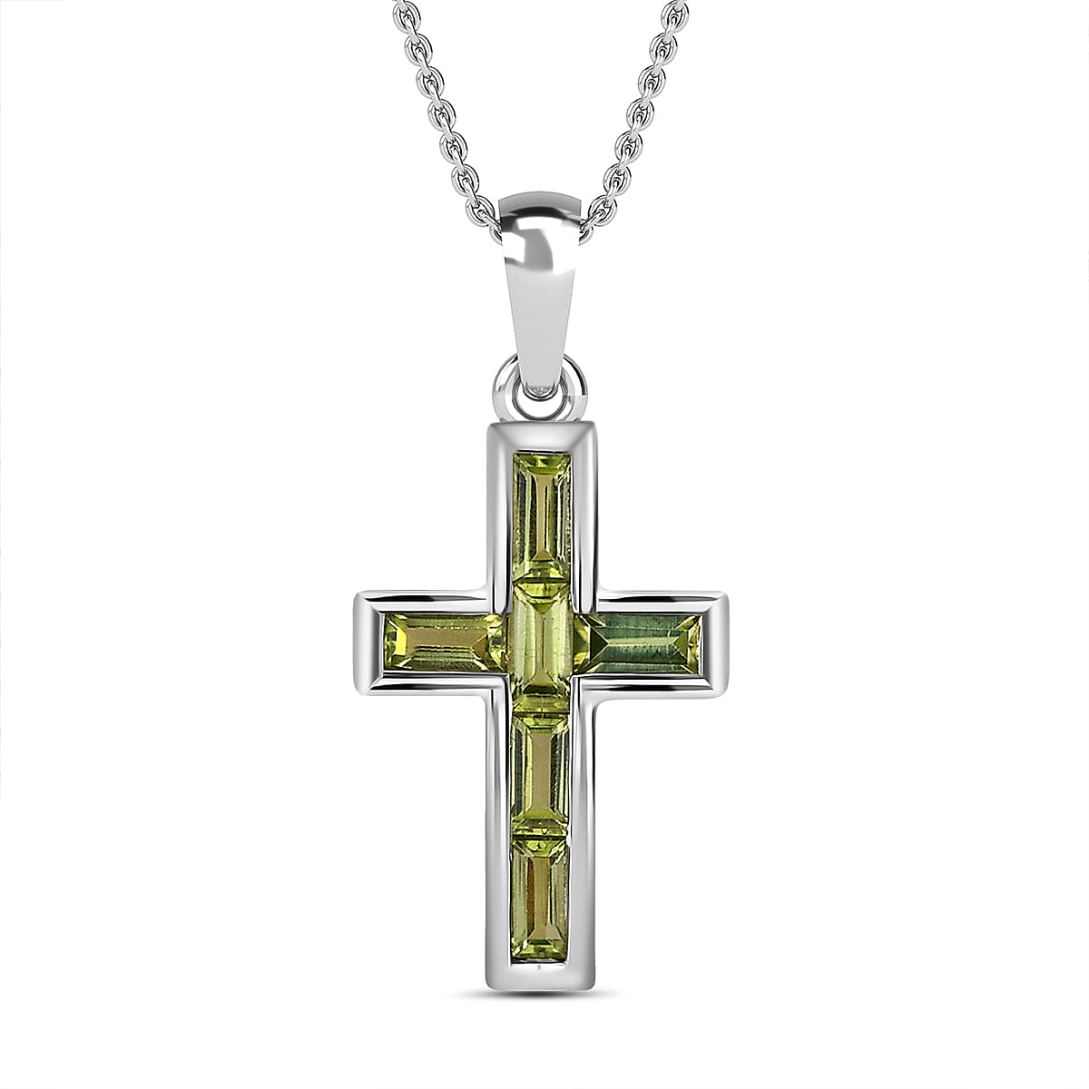 Hebei Peridot Cross Pendant with Chain (Size 20) in Platinum Overlay Sterling Silver