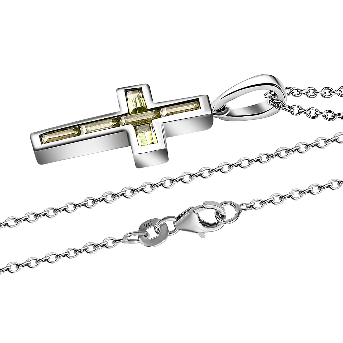Hebei Peridot Cross Pendant with Chain (Size 20) in Platinum Overlay Sterling Silver
