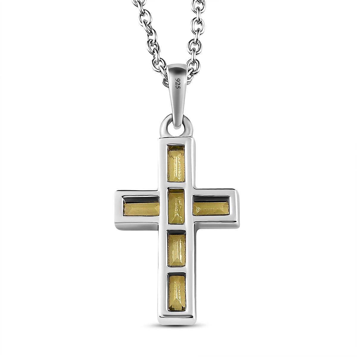 Hebei Peridot Cross Pendant with Chain (Size 20) in Platinum Overlay Sterling Silver