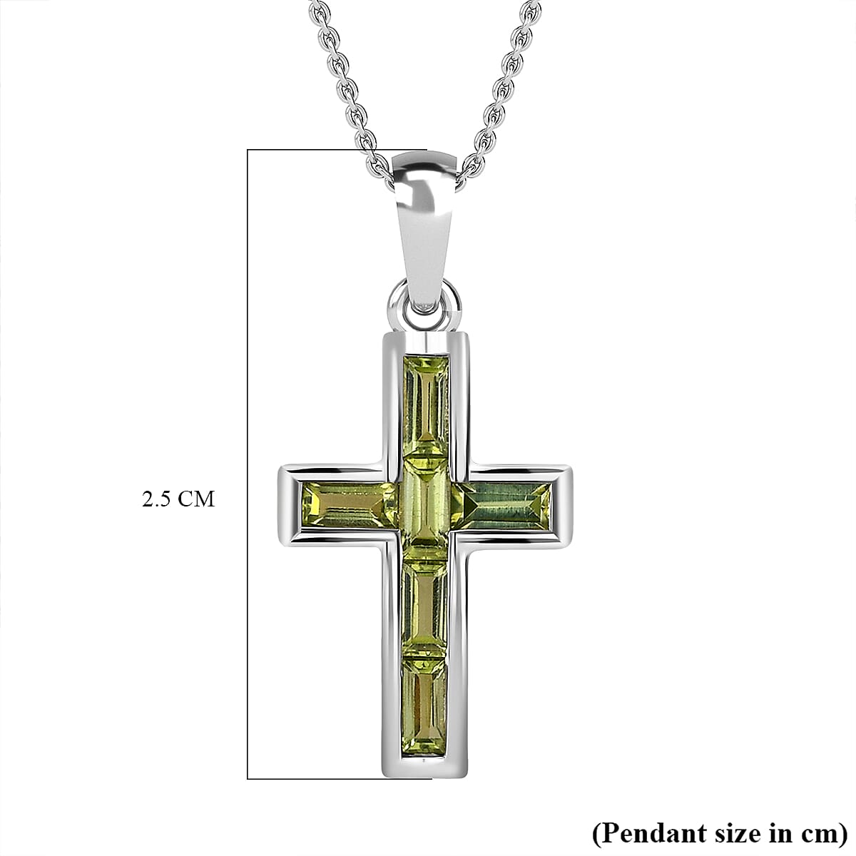 Hebei Peridot Cross Pendant with Chain (Size 20) in Platinum Overlay Sterling Silver