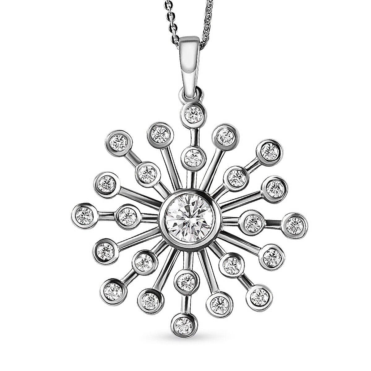 D'Joy Moissanite Floral Pendant with Chain (Size 20) in Platinum Overlay Sterling Silver 1.92 Ct, Silver Wt. 5.81 Gms.
