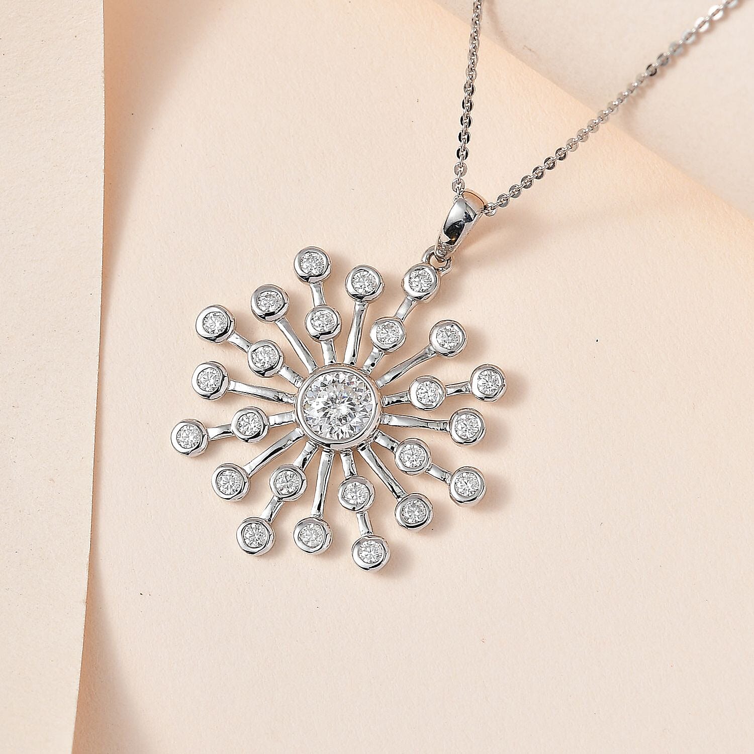 D'Joy Moissanite Floral Pendant with Chain (Size 20) in Platinum Overlay Sterling Silver 1.92 Ct, Silver Wt. 5.81 Gms.