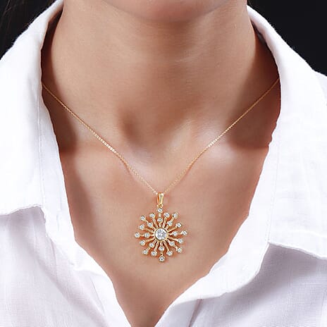 Moissanite Floral Pendant with Chain (Size-20) in 18K Yellow Gold Vermeil Plated Sterling Silver 1.41 Ct, Silver Wt. 5.32 Gms
