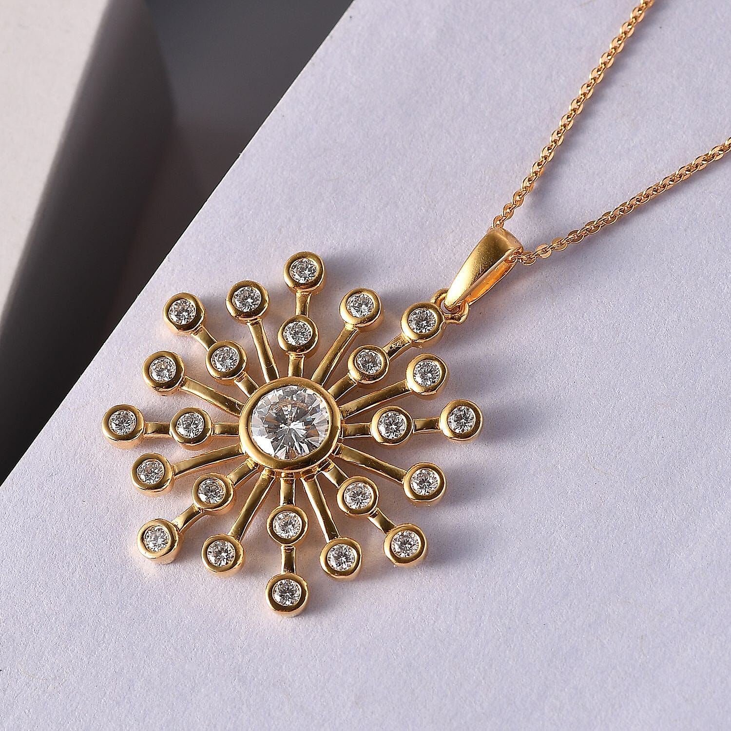 Moissanite Floral Pendant with Chain (Size 20) in 18K Vermeil Yellow Gold Plated Sterling Silver 1.99 Ct, Silver Wt. 5.52 Gms.