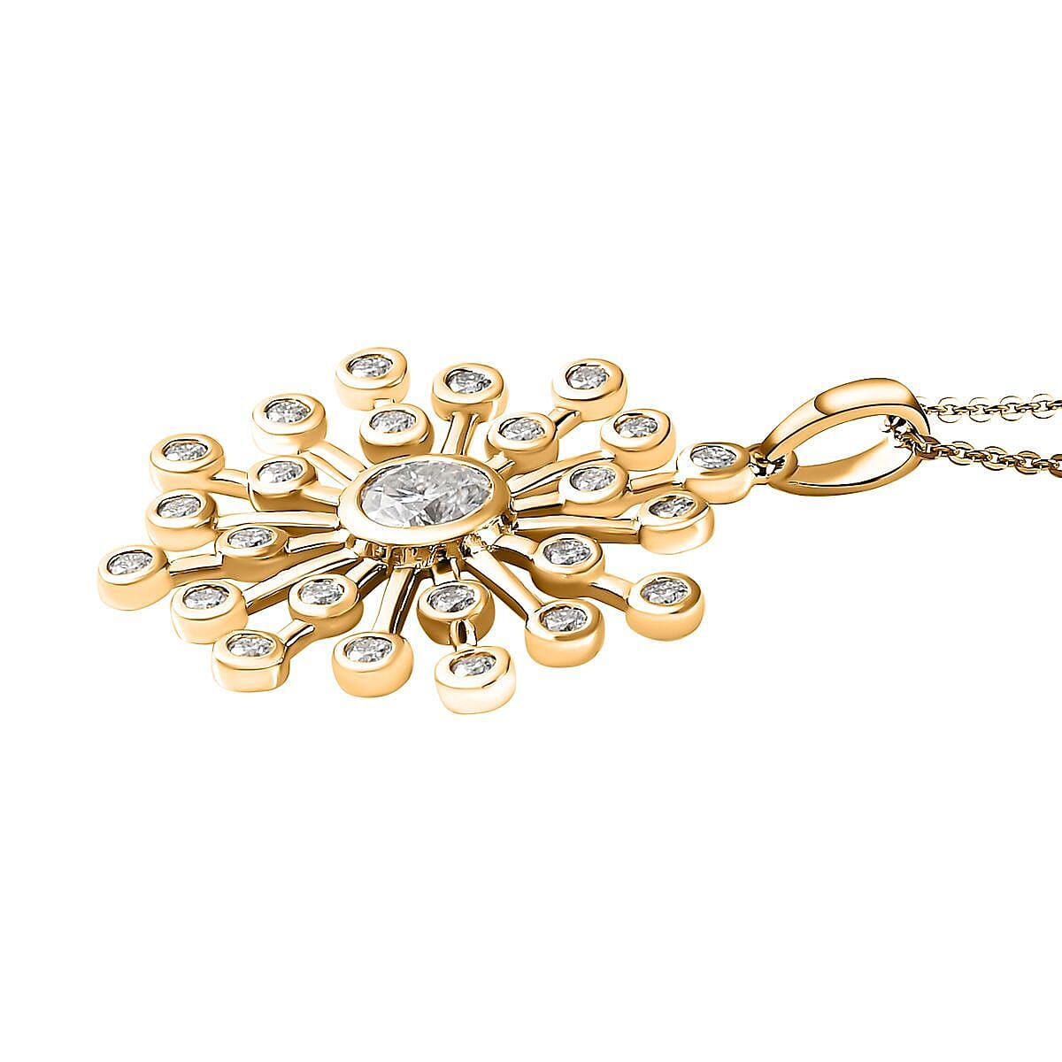 Moissanite Floral Pendant with Chain (Size 20) in 18K Vermeil Yellow Gold Plated Sterling Silver 1.99 Ct, Silver Wt. 5.52 Gms.