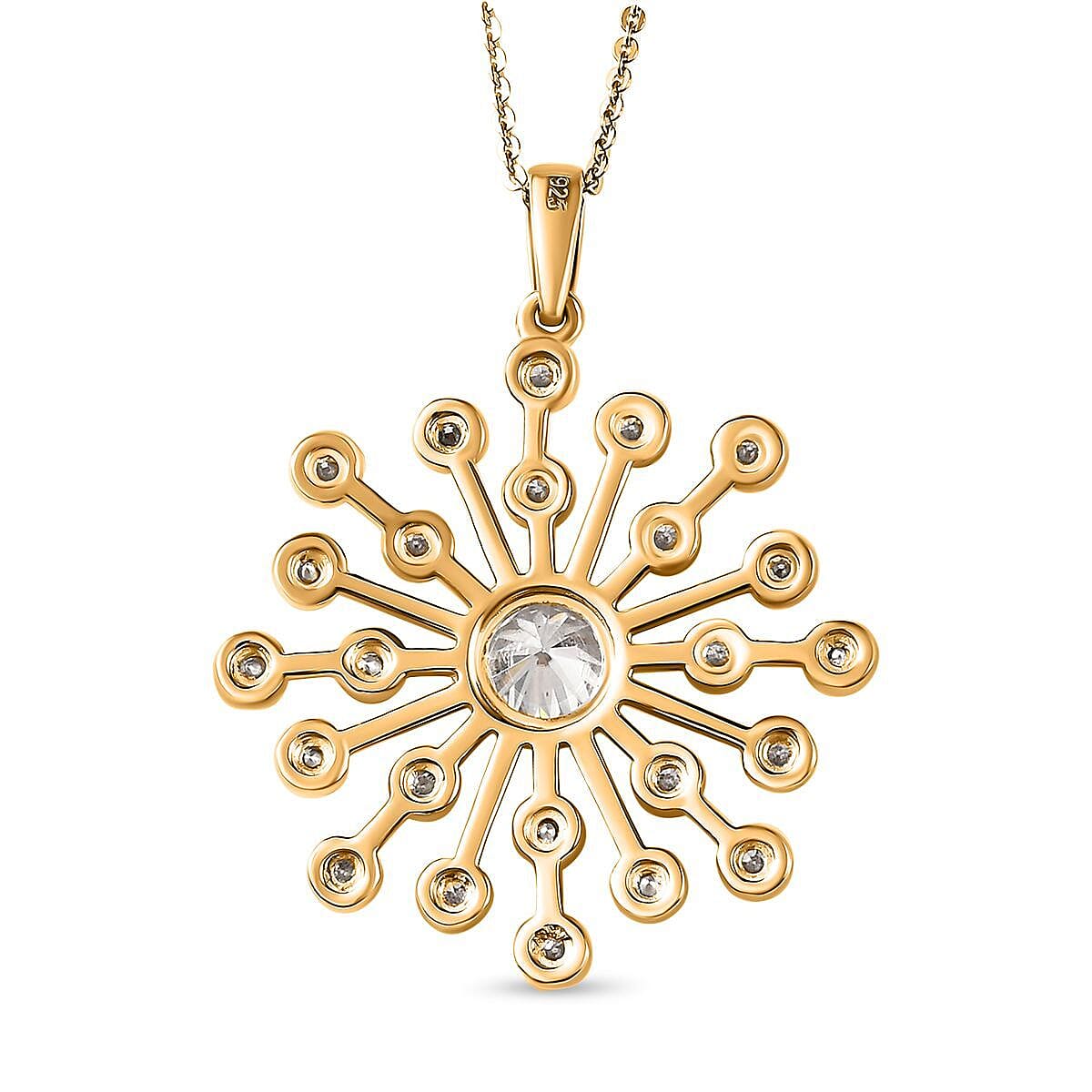 Moissanite Floral Pendant with Chain (Size 20) in 18K Vermeil Yellow Gold Plated Sterling Silver 1.99 Ct, Silver Wt. 5.52 Gms.