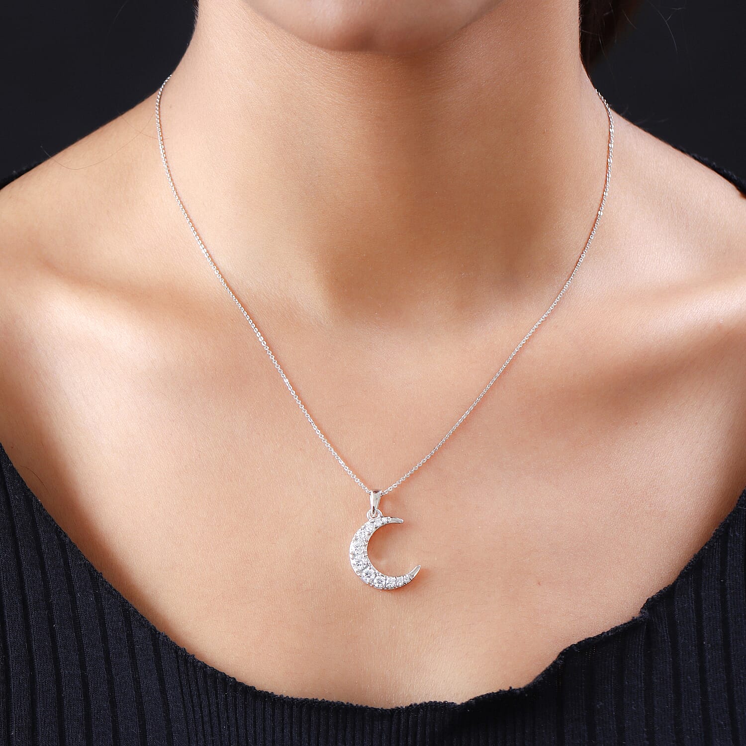 Moissanite Crescent Moon Pendant with Chain (Size- 20) with Lobster Clasp in Platinum Overlay Sterling Silver