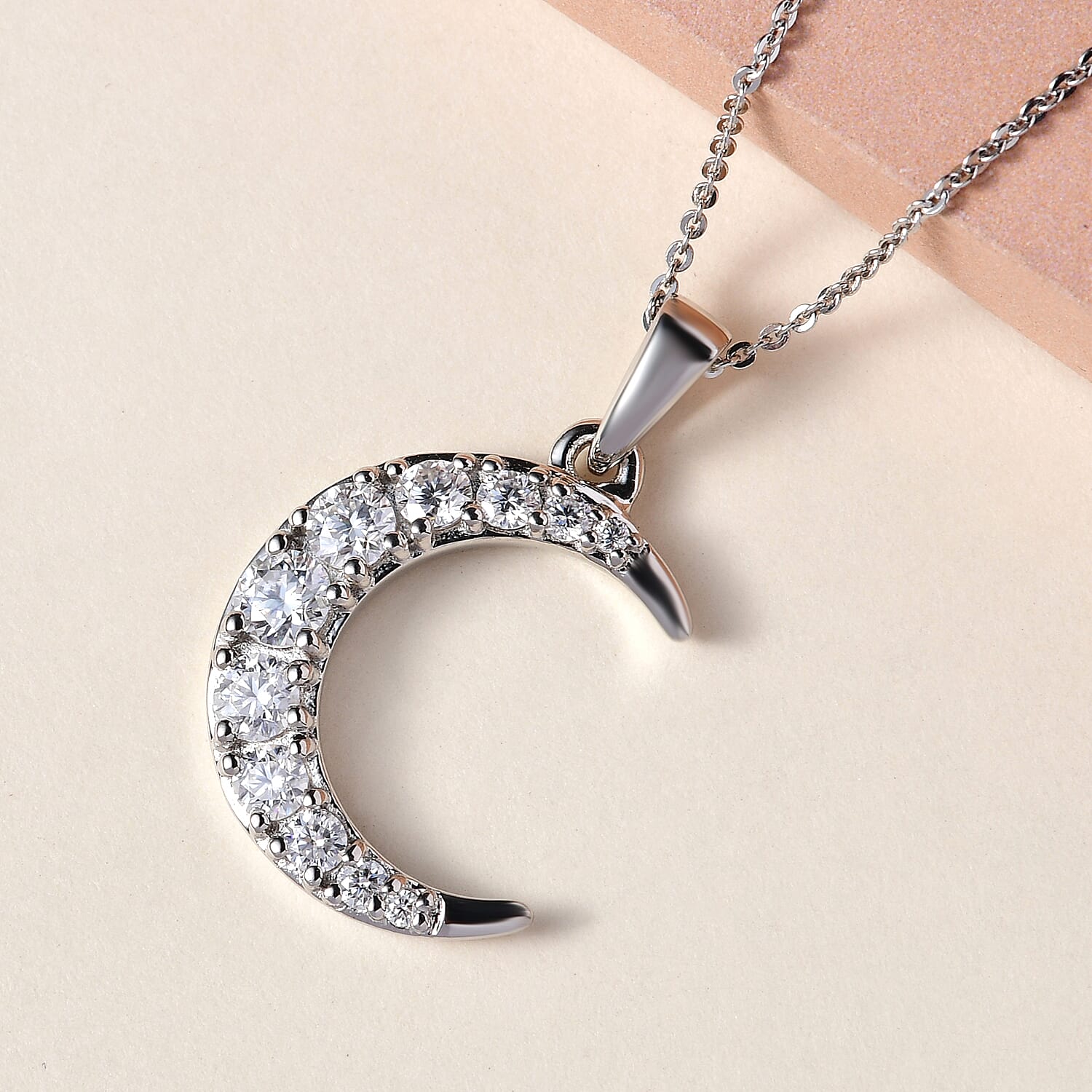 Moissanite Crescent Moon Pendant with Chain (Size- 20) with Lobster Clasp in Platinum Overlay Sterling Silver