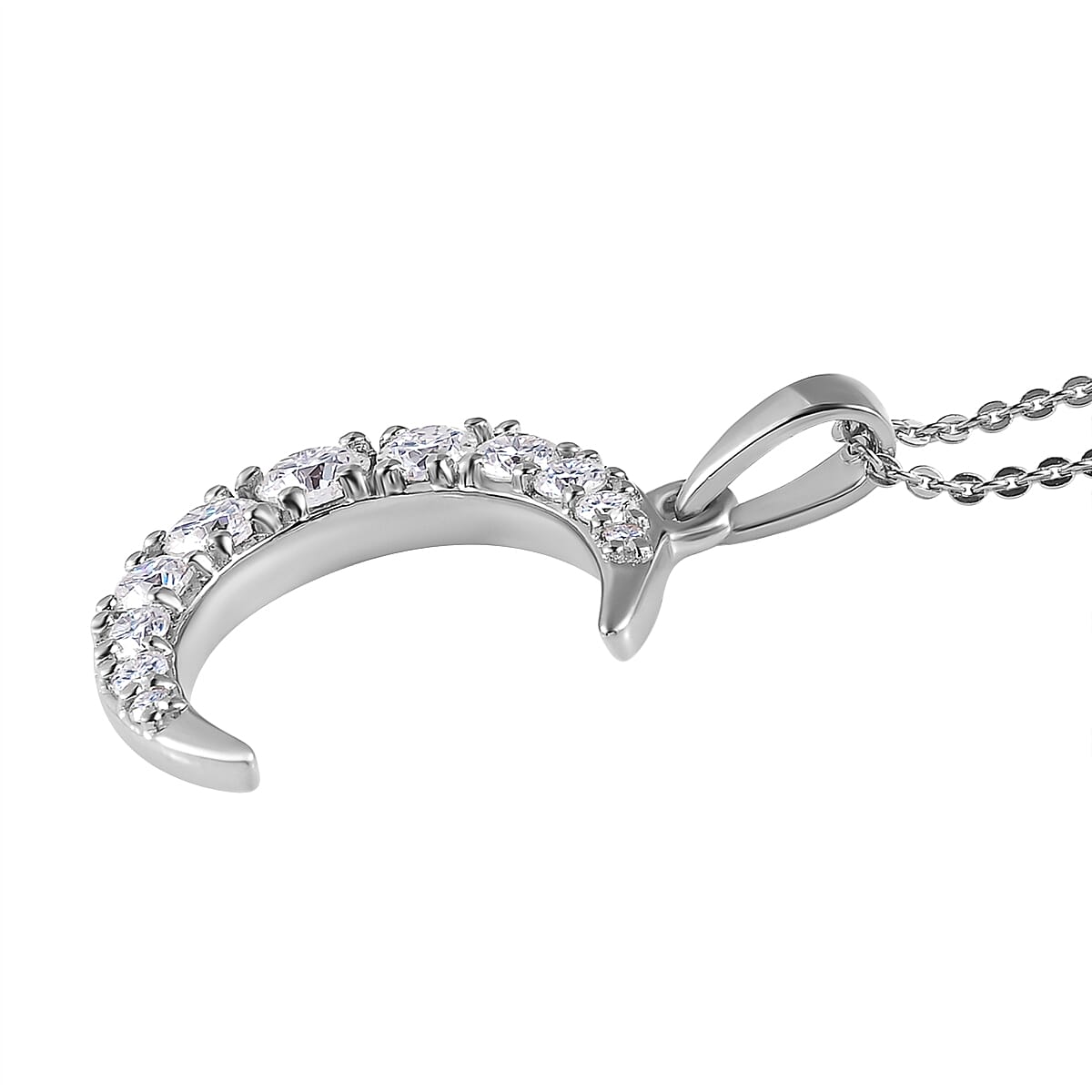Moissanite Crescent Moon Pendant with Chain (Size- 20) with Lobster Clasp in Platinum Overlay Sterling Silver