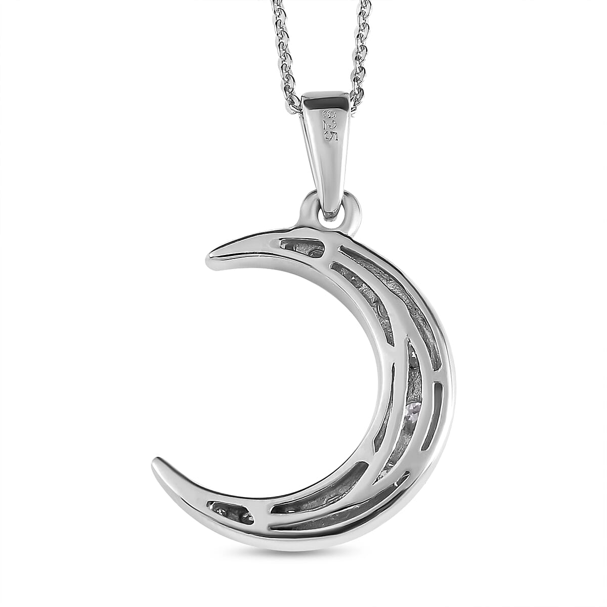 Moissanite Crescent Moon Pendant with Chain (Size- 20) with Lobster Clasp in Platinum Overlay Sterling Silver