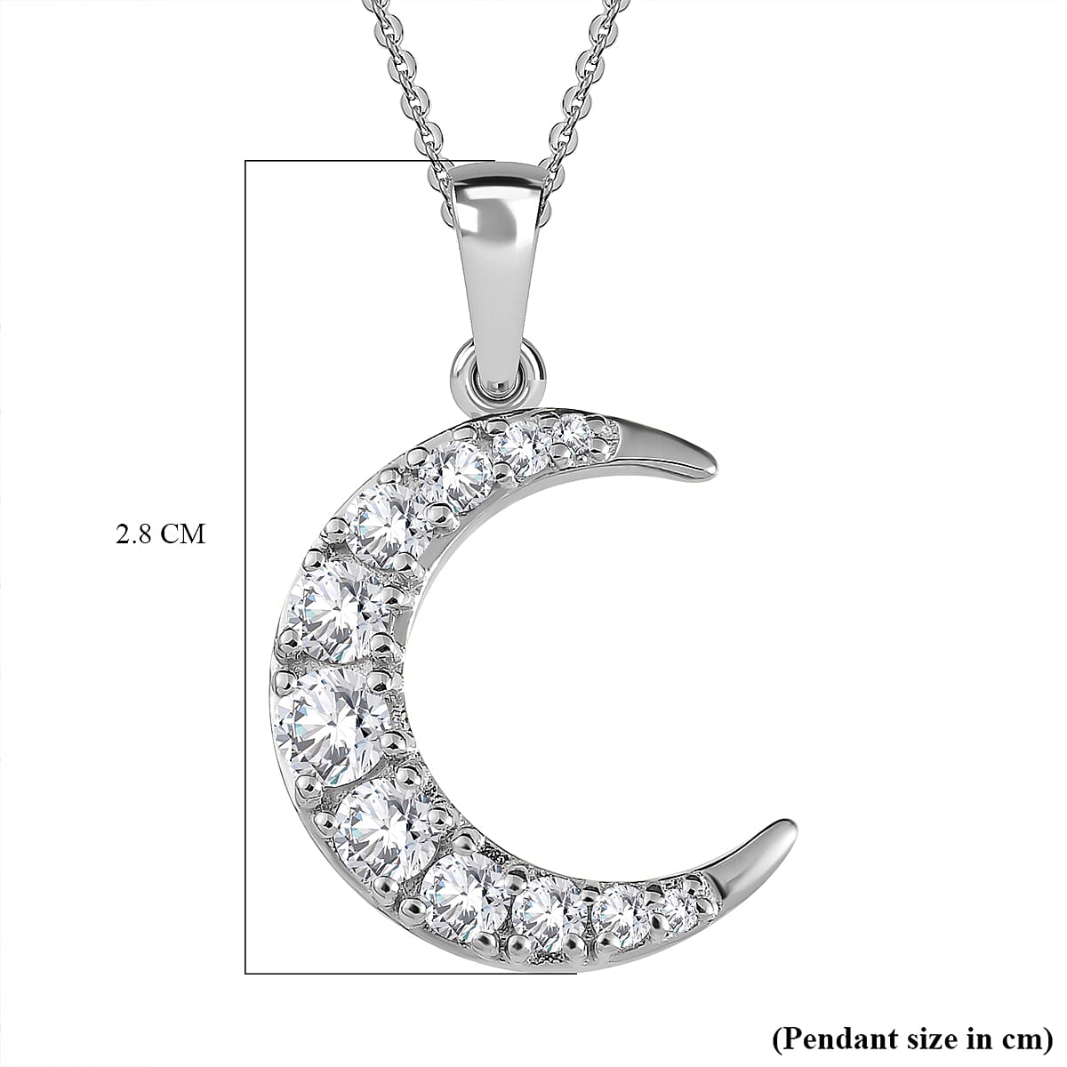 Moissanite Crescent Moon Pendant with Chain (Size- 20) with Lobster Clasp in Platinum Overlay Sterling Silver