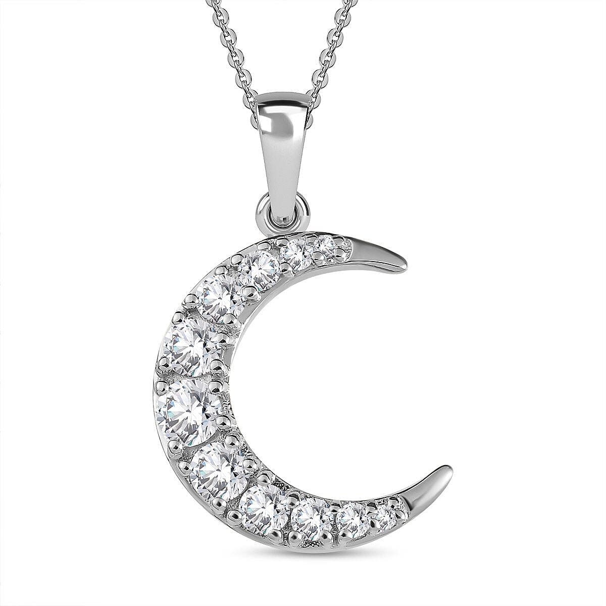 Moissanite Crescent Moon Pendant with Chain (Size- 20) with Lobster Clasp in Platinum Overlay Sterling Silver