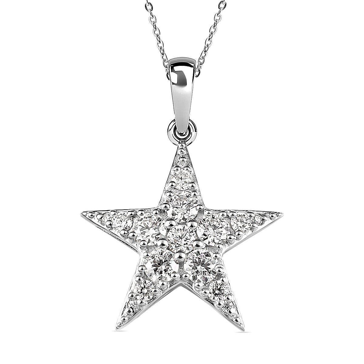 Moissanite Star Pendant with Chain (Size- 20) With Lobster Clasp in Platinum Overlay Sterling Silver 1.75 Ct, Silver Wt 5.28 Gms