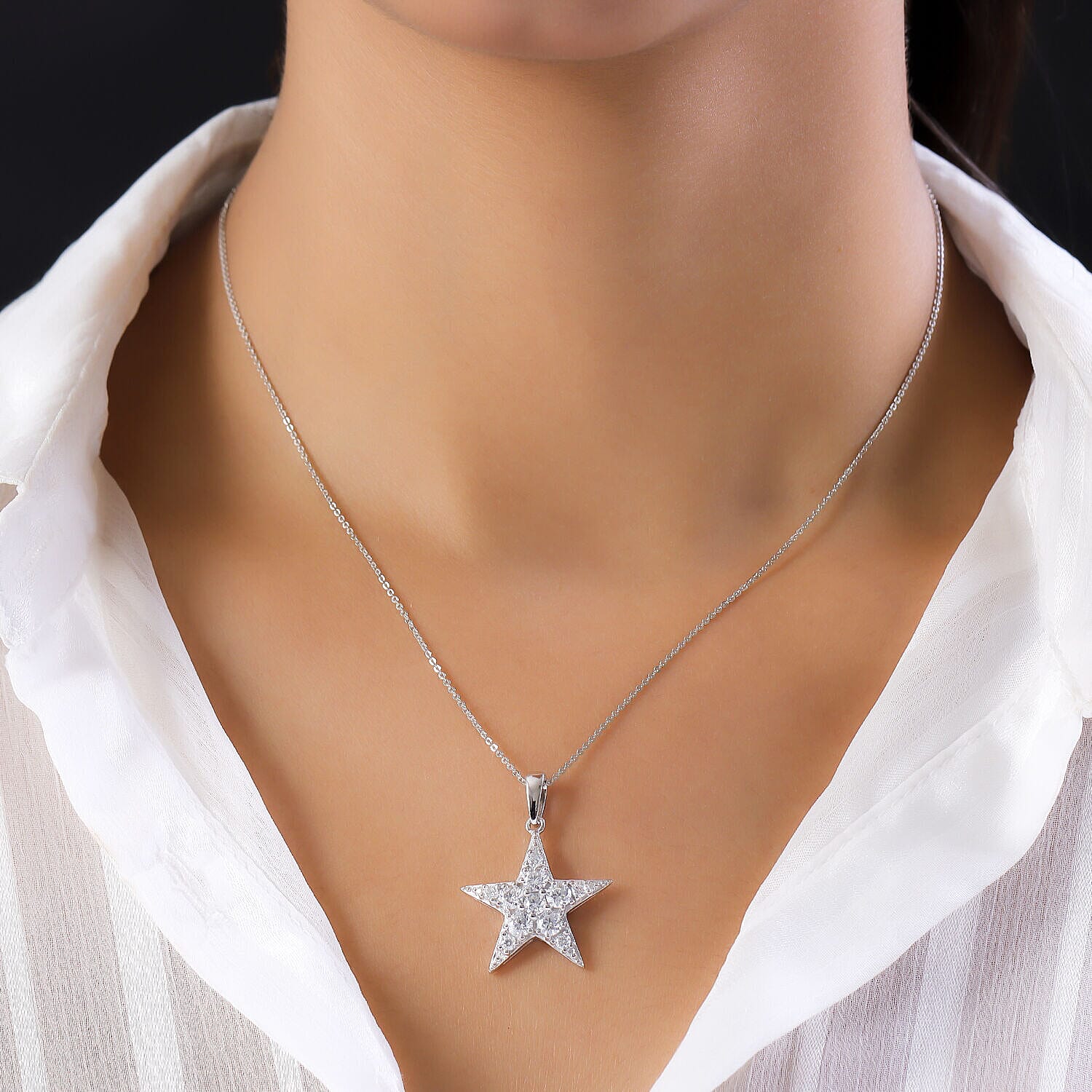 Moissanite Star Pendant with Chain (Size- 20) With Lobster Clasp in Platinum Overlay Sterling Silver 1.75 Ct, Silver Wt 5.28 Gms