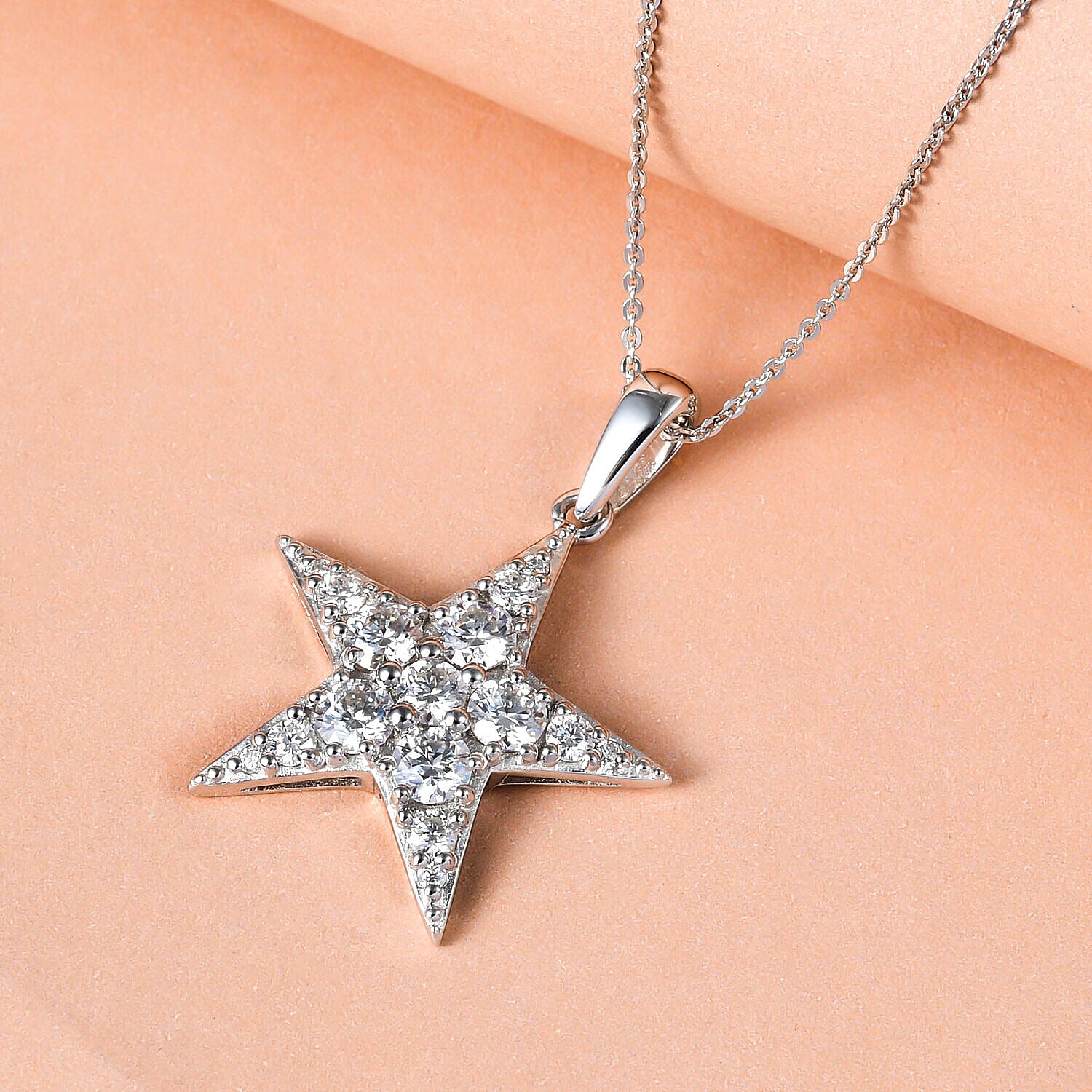 Moissanite Star Pendant with Chain (Size- 20) With Lobster Clasp in Platinum Overlay Sterling Silver 1.75 Ct, Silver Wt 5.28 Gms