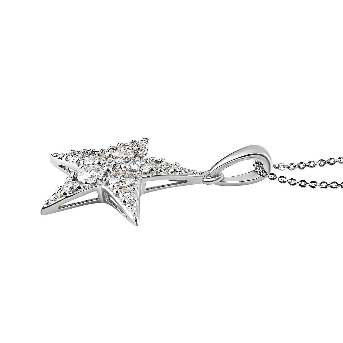 Moissanite Star Pendant with Chain (Size- 20) With Lobster Clasp in Platinum Overlay Sterling Silver 1.75 Ct, Silver Wt 5.28 Gms