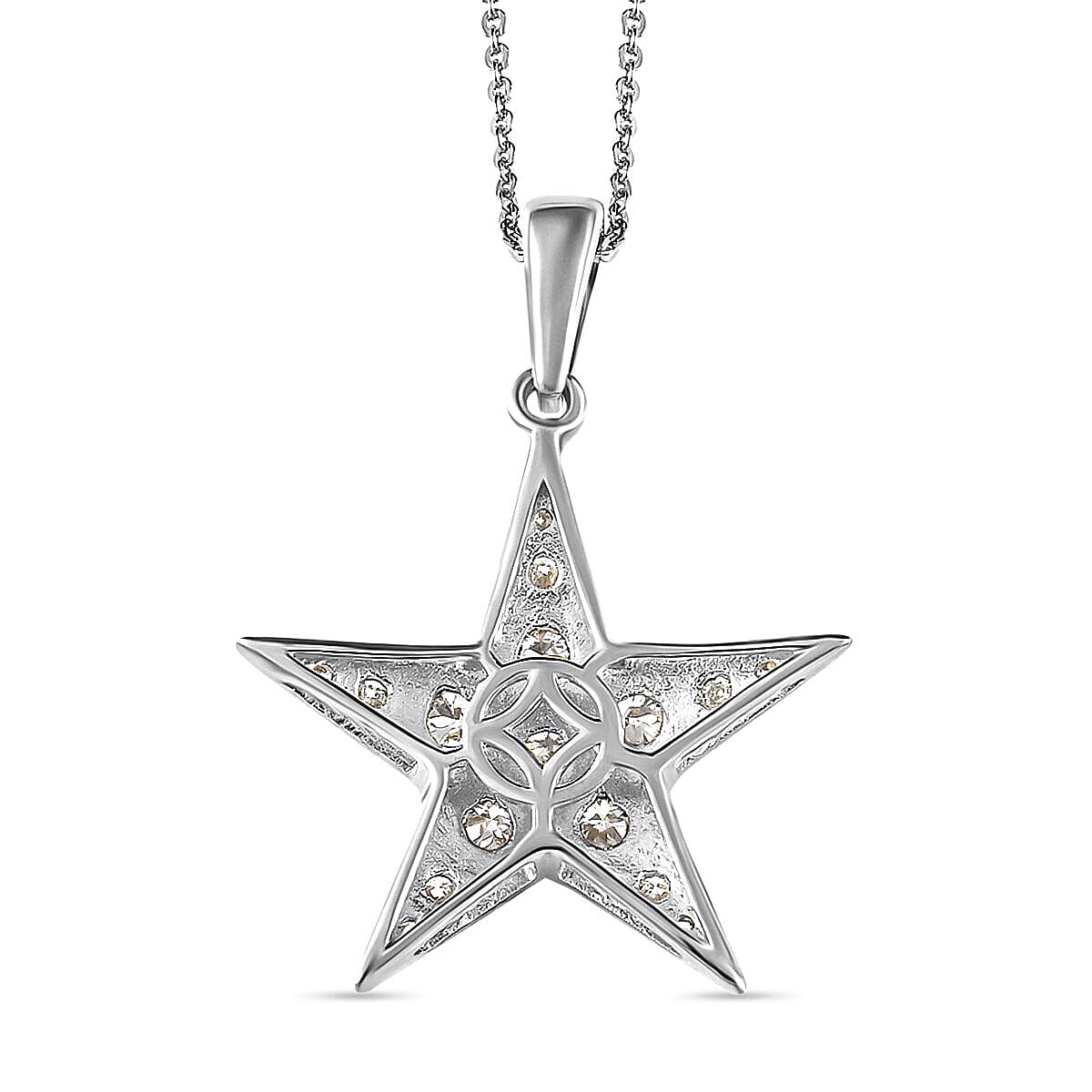 Moissanite Star Pendant with Chain (Size- 20) With Lobster Clasp in Platinum Overlay Sterling Silver 1.75 Ct, Silver Wt 5.28 Gms