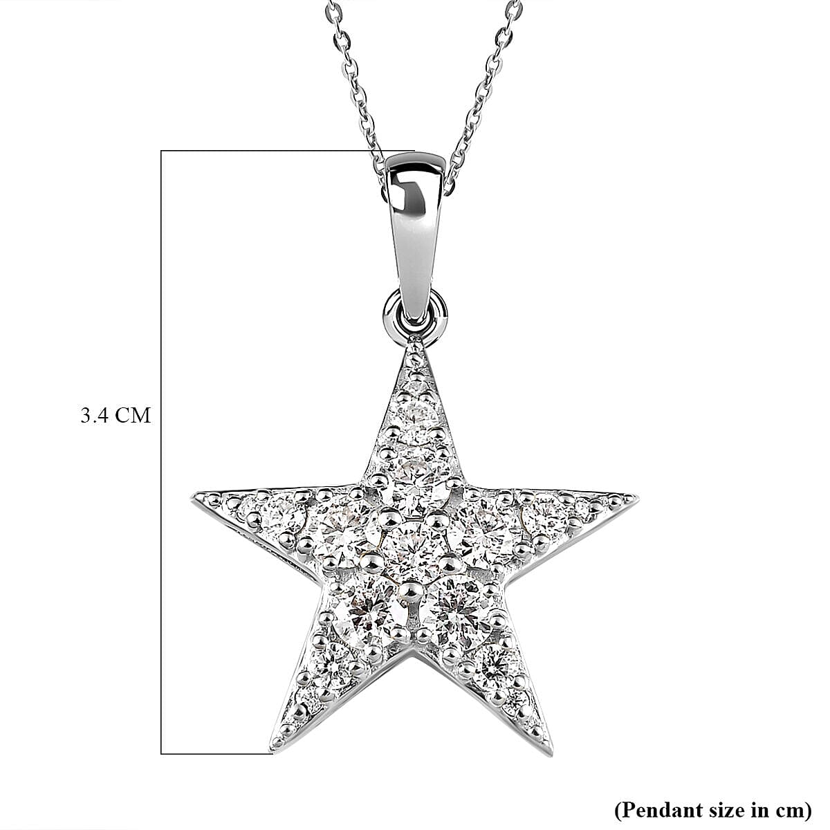 Moissanite Star Pendant with Chain (Size- 20) With Lobster Clasp in Platinum Overlay Sterling Silver 1.75 Ct, Silver Wt 5.28 Gms