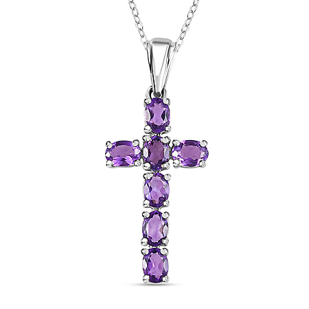 African Amethyst Cross Pendant with Chain (Size 20 Inch) in Platinum Overlay Sterling Silver