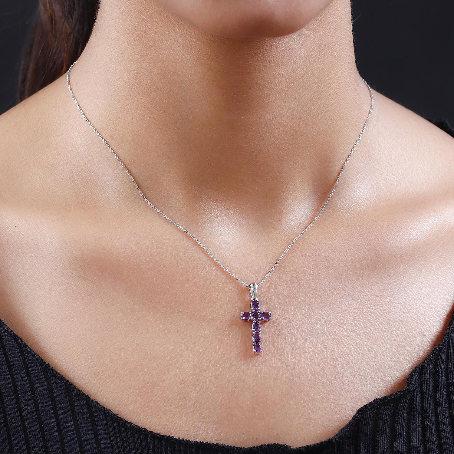 Amethyst Cross Pendant with Chain (Size 20) in Platinum Overlay Sterling Silver 3.00 Ct.