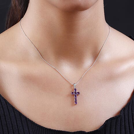 Amethyst Cross Pendant with Chain (Size 20) in Platinum Overlay Sterling Silver 3.00 Ct.