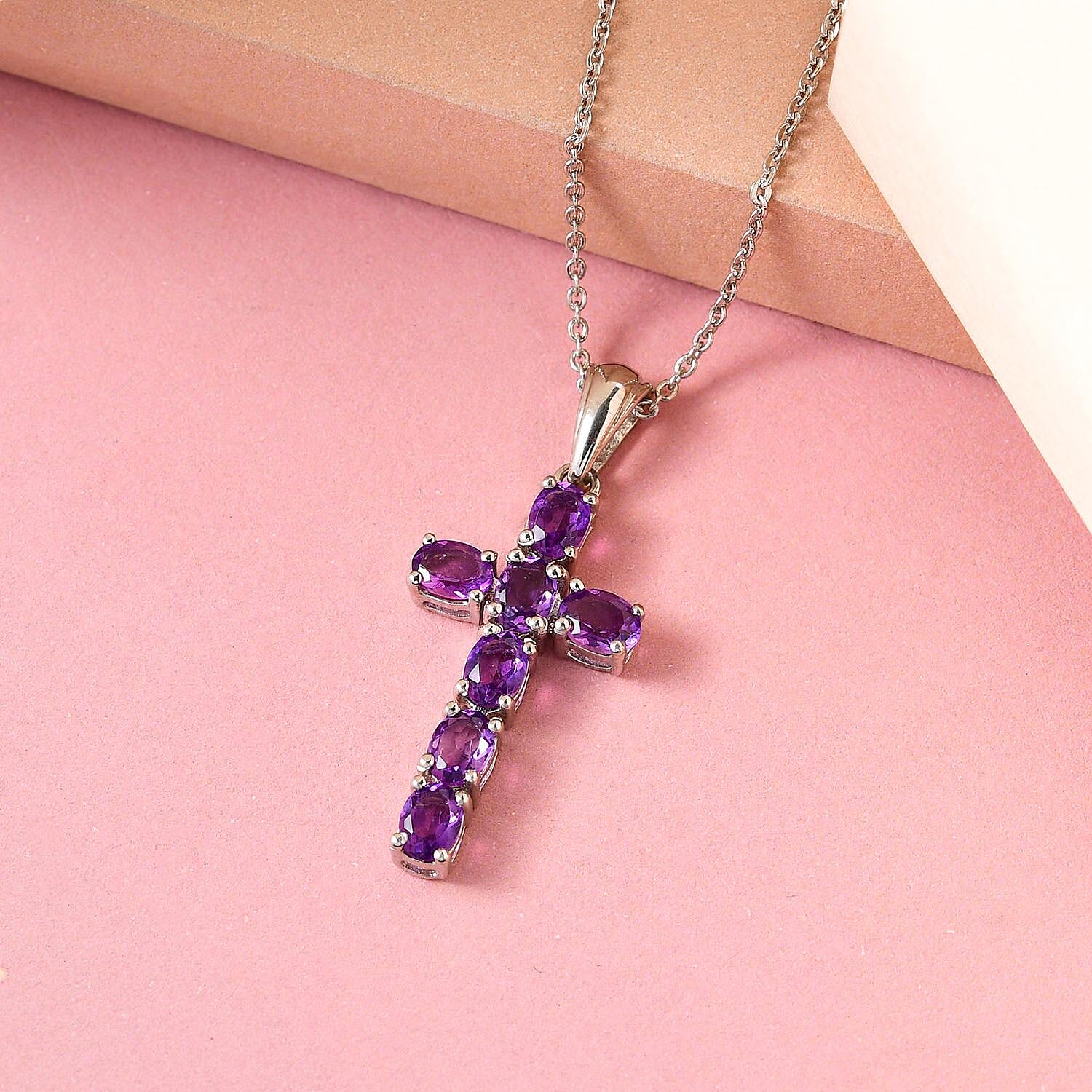 Amethyst Cross Pendant with Chain (Size 20) in Platinum Overlay Sterling Silver 3.00 Ct.