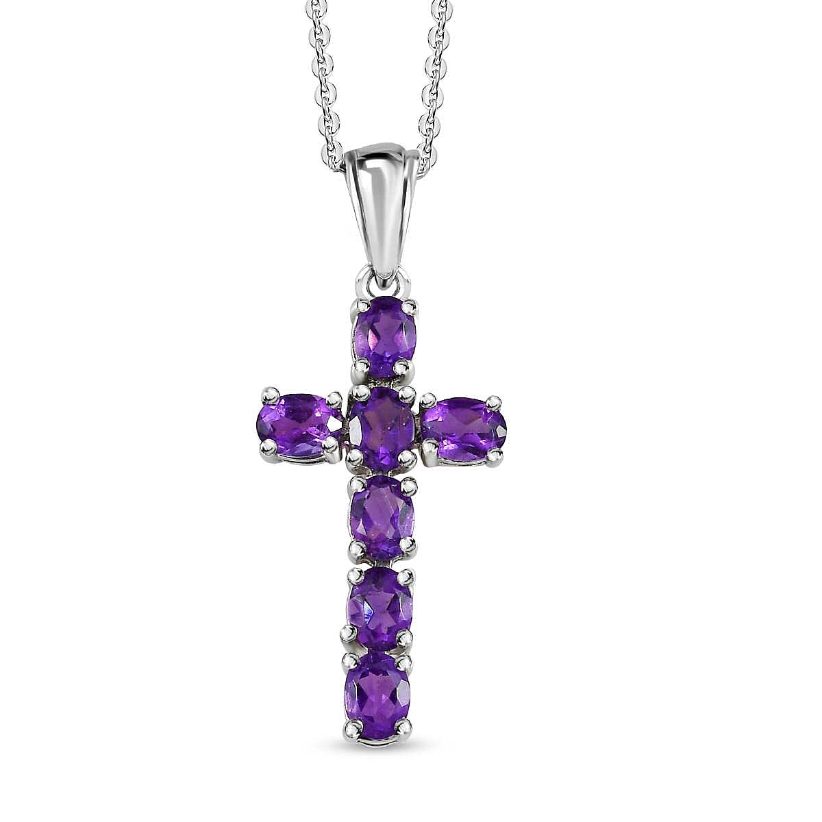 Amethyst Cross Pendant with Chain (Size 20) in Platinum Overlay Sterling Silver 3.00 Ct.