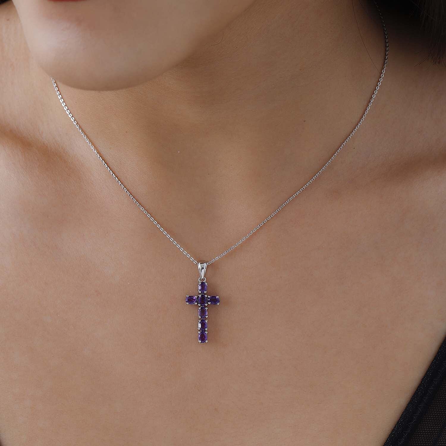 Amethyst Cross Pendant with Chain (Size 20) in Platinum Overlay Sterling Silver 3.00 Ct.