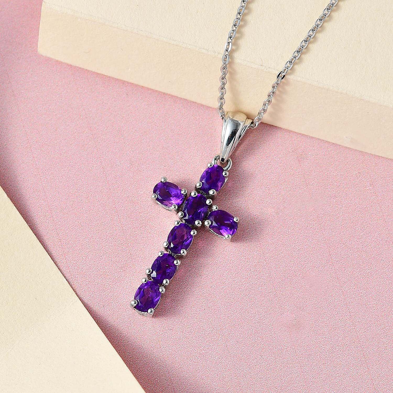 African Amethyst Cross Pendant with Chain (Size 20 Inch) in Platinum Overlay Sterling Silver