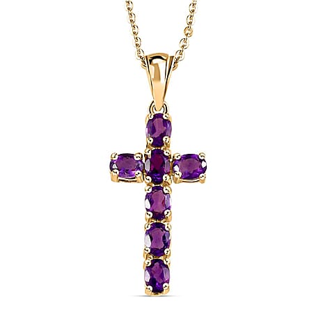 Amethyst Cross Pendant with Chain (Size - 20) in 18K Vermeil Yellow Gold Plated Sterling Silver 1.10 Ct.